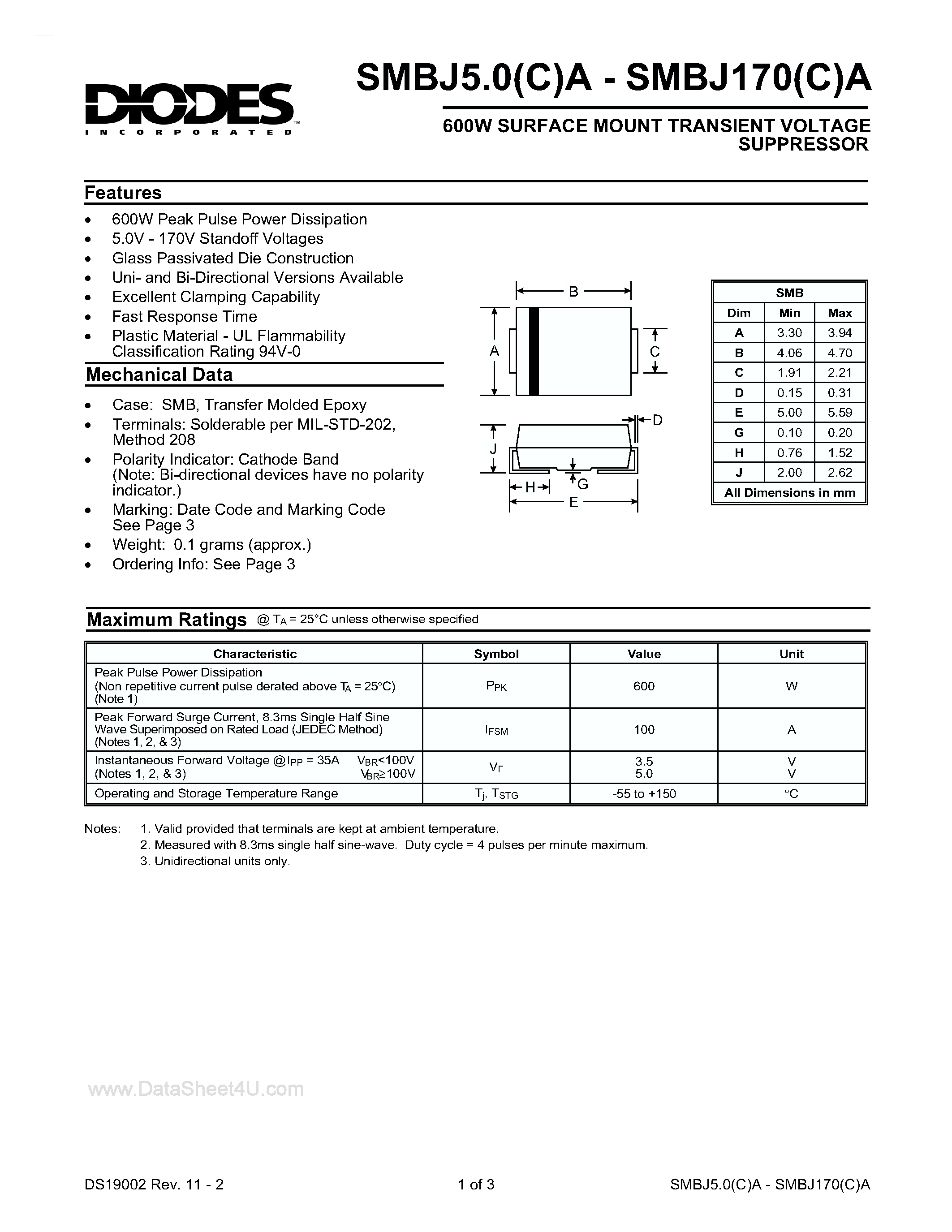 Datasheet SMBJ70A page 1 Datasheet SMBJ70A - 600W SURFACE MOUNT TRANSIENT VOLTAGE SUPPRESSOR page 1