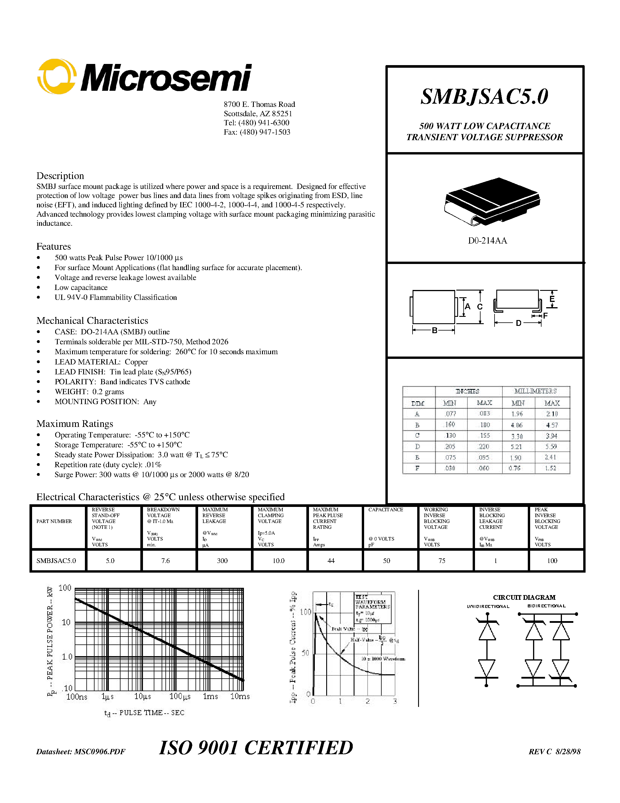 Datasheet SMBJSAC50 - 500 WATT LOW CAPACITANCE TRANSIENT VOLTAGE SUPPRESSOR page 1