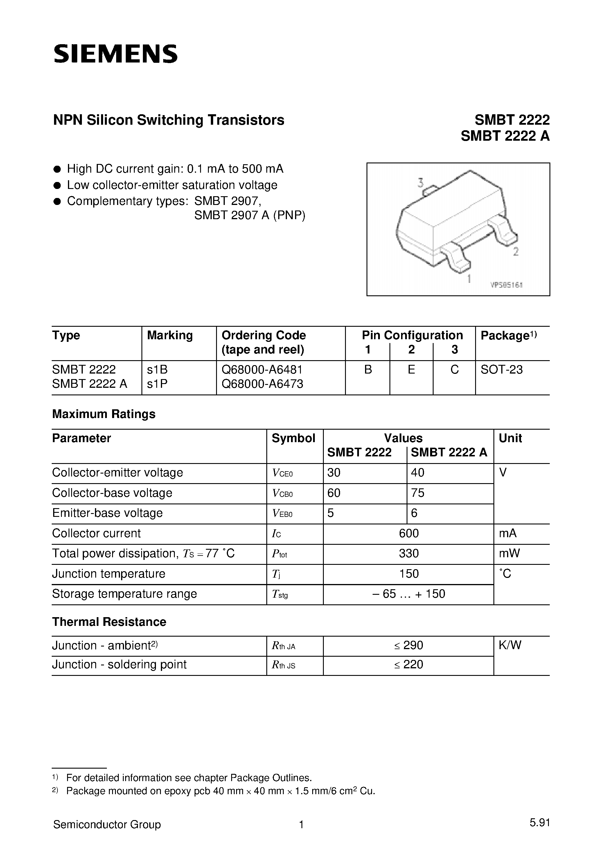 Datasheet SMBT2222A - NPN Silicon Switching Transistors page 1