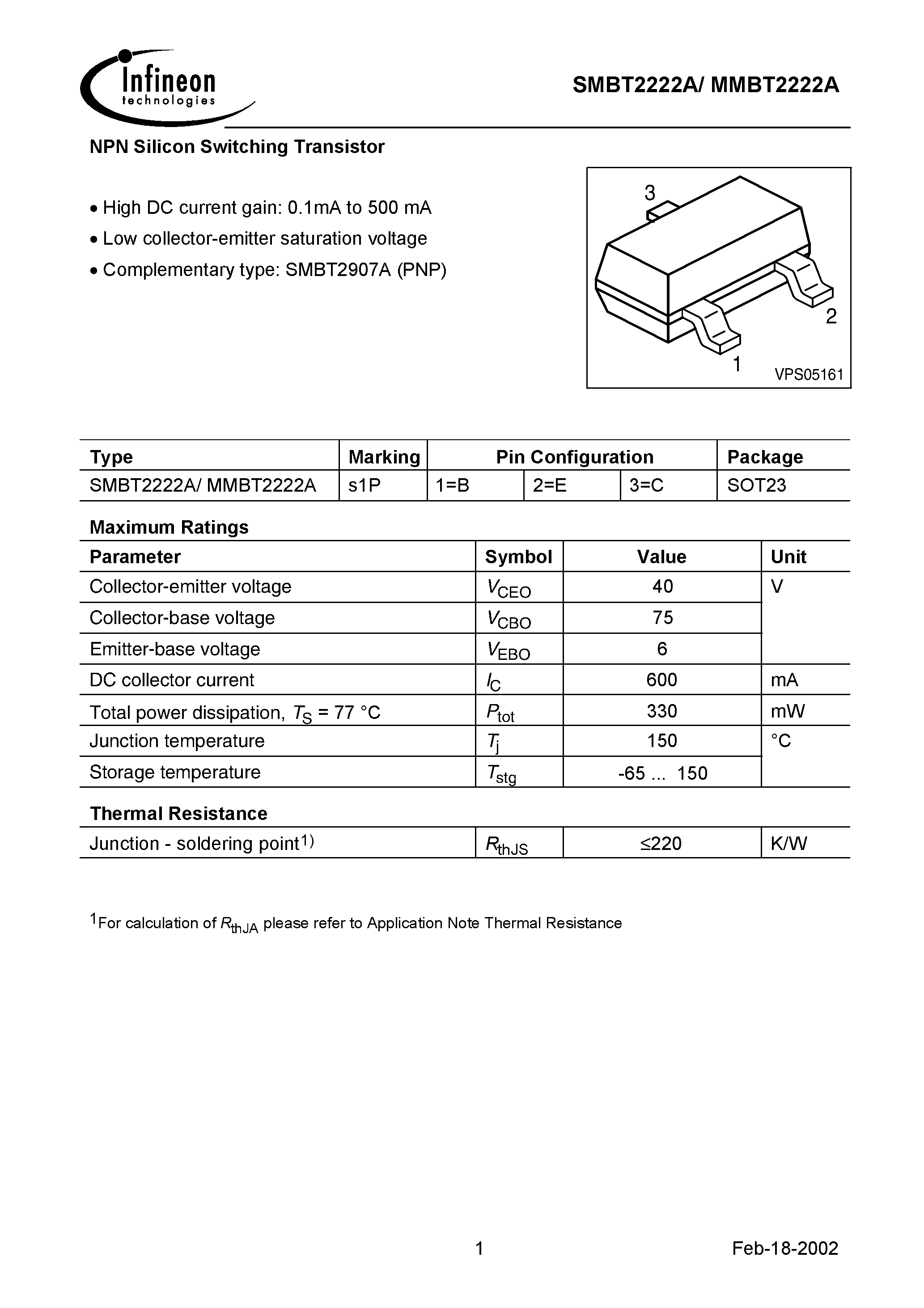 Datasheet SMBT2222A - NPN Silicon Switching Transistor page 1