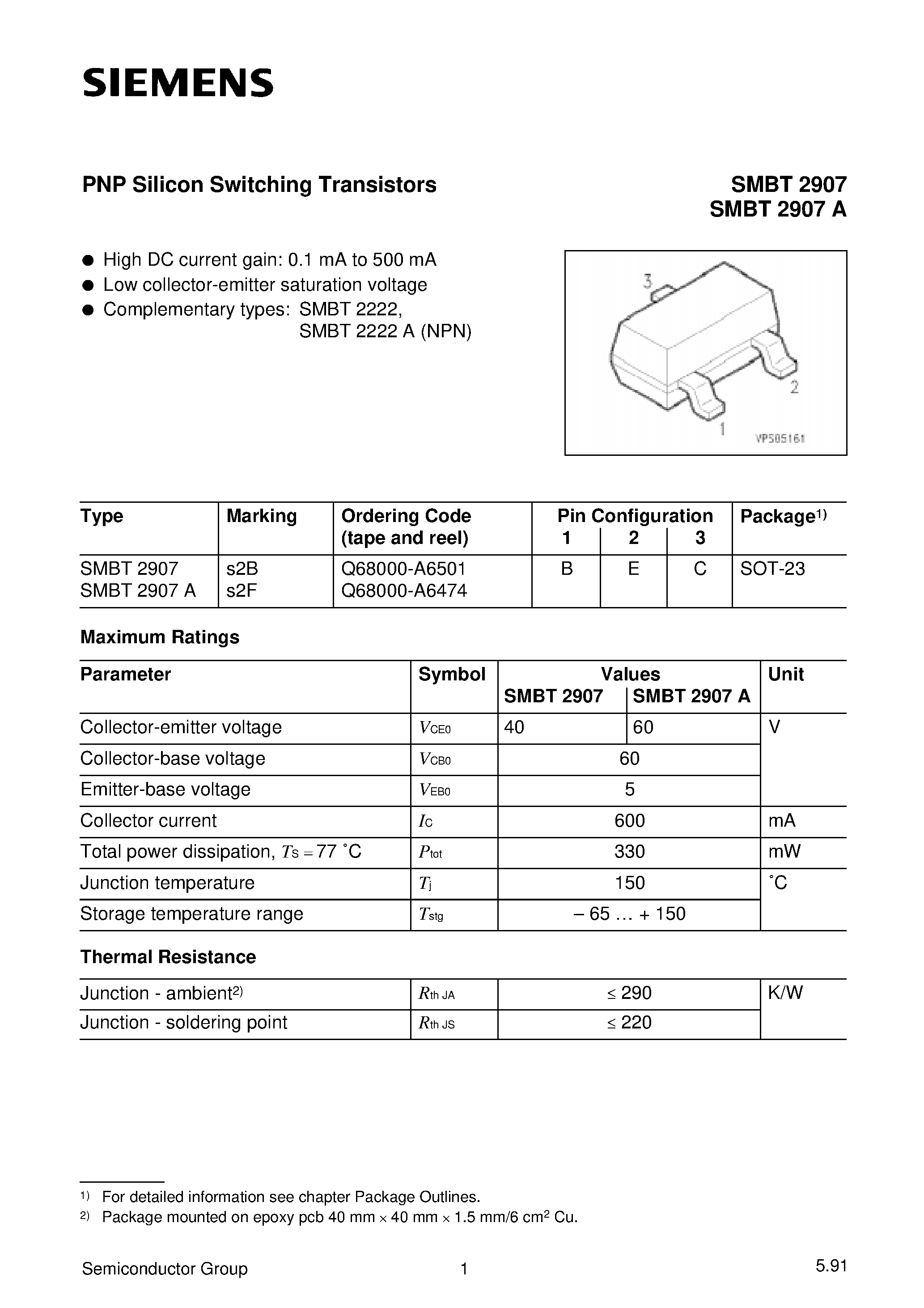Datasheet SMBT2907A page 1 Datasheet SMBT2907A - PNP Silicon Switching Transistors page 1