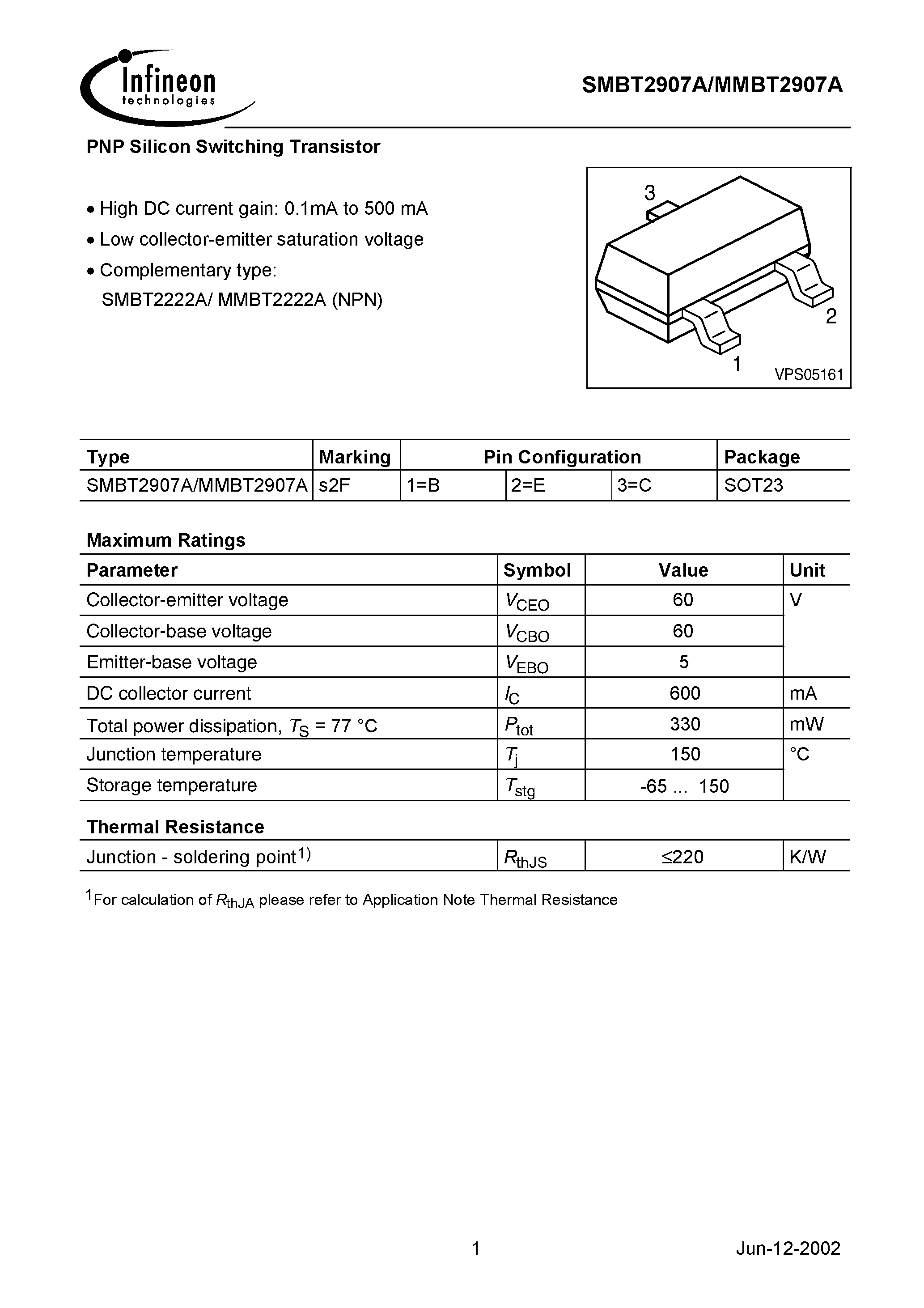 Datasheet SMBT2907A - PNP Silicon Switching Transistor page 1