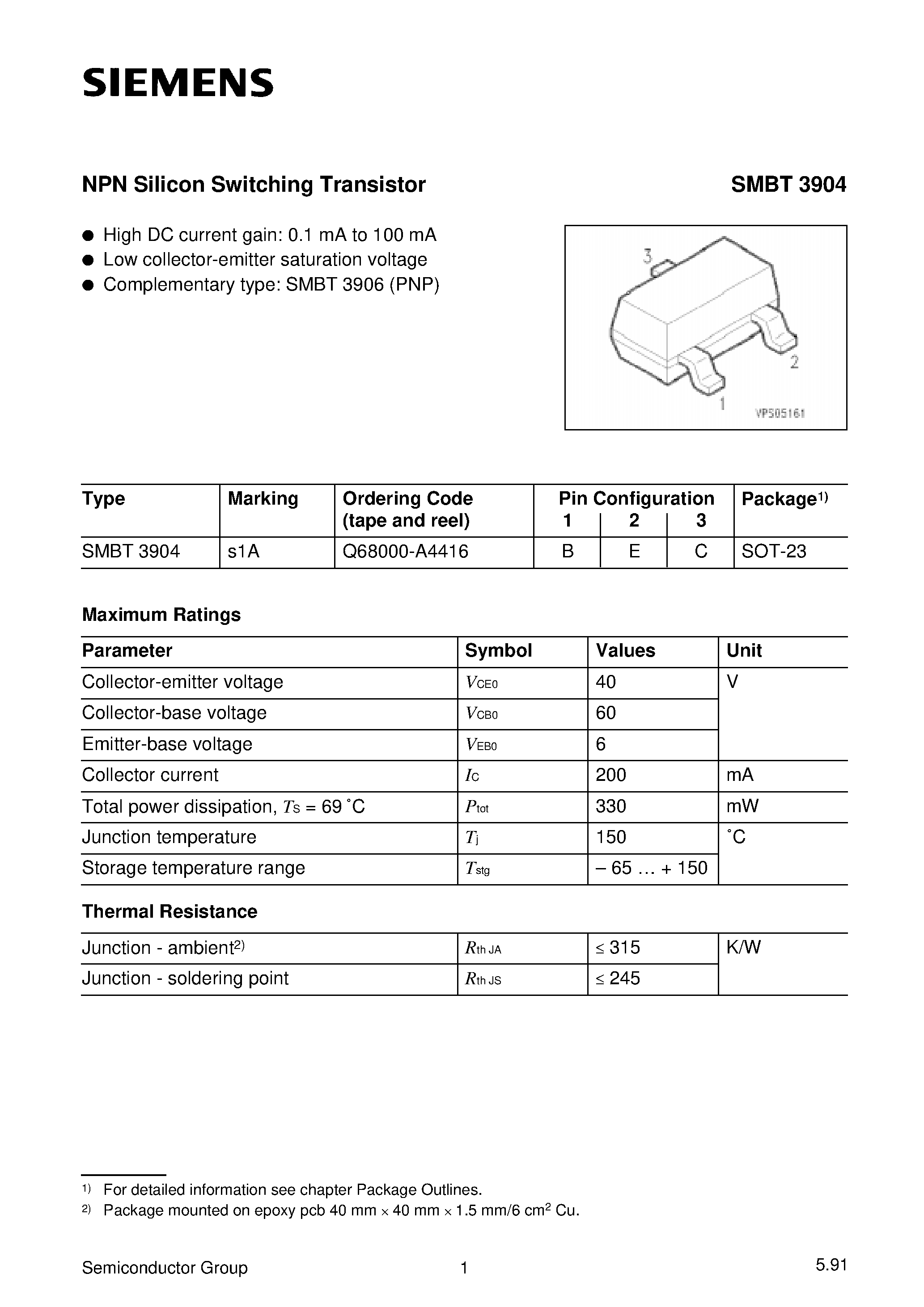 Datasheet SMBT3904 page 1 Datasheet SMBT3904 - NPN Silicon Switching Transistor page 1
