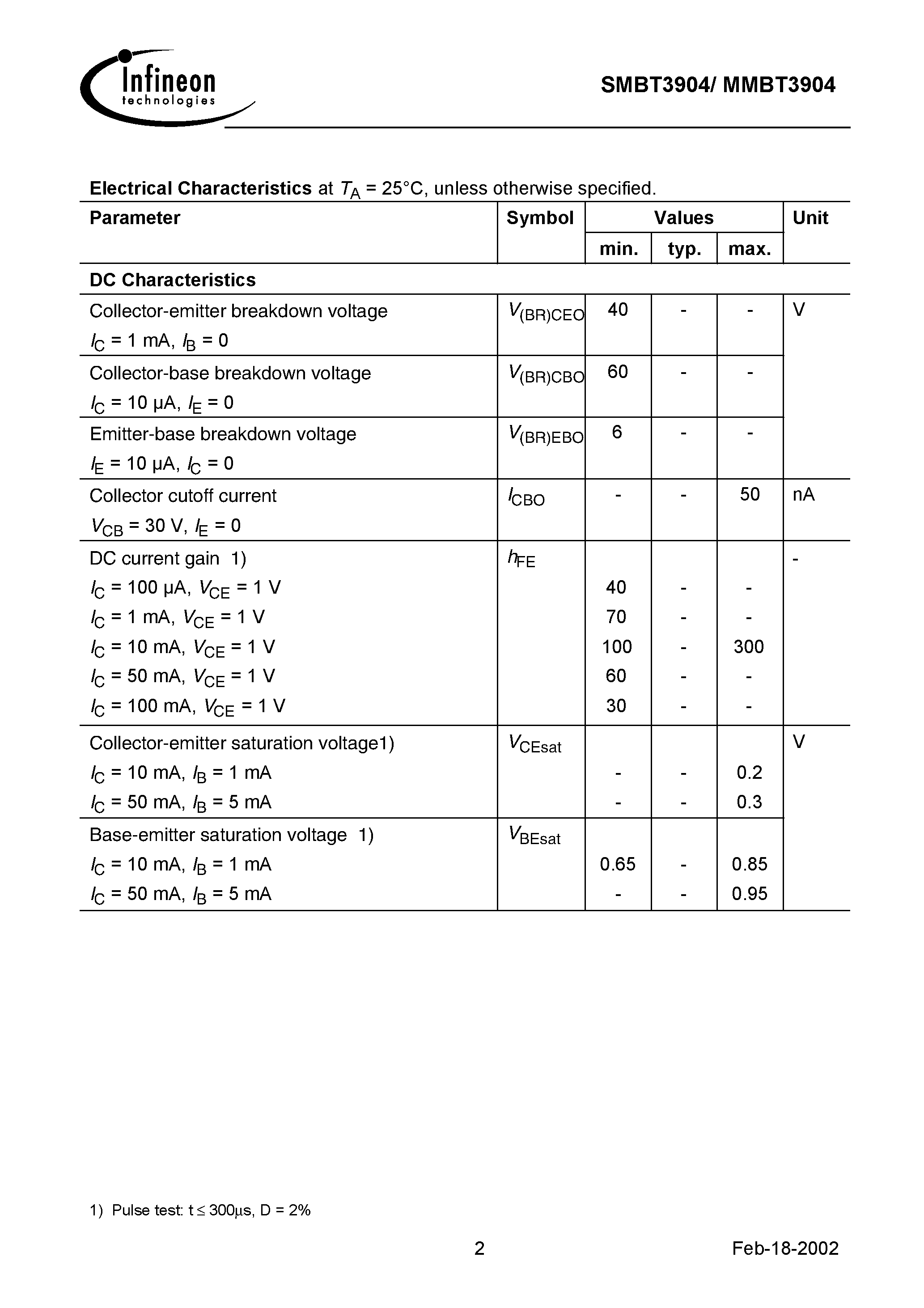 Datasheet SMBT3904 page 2 Datasheet SMBT3904 - NPN Silicon Switching Transistor page 2