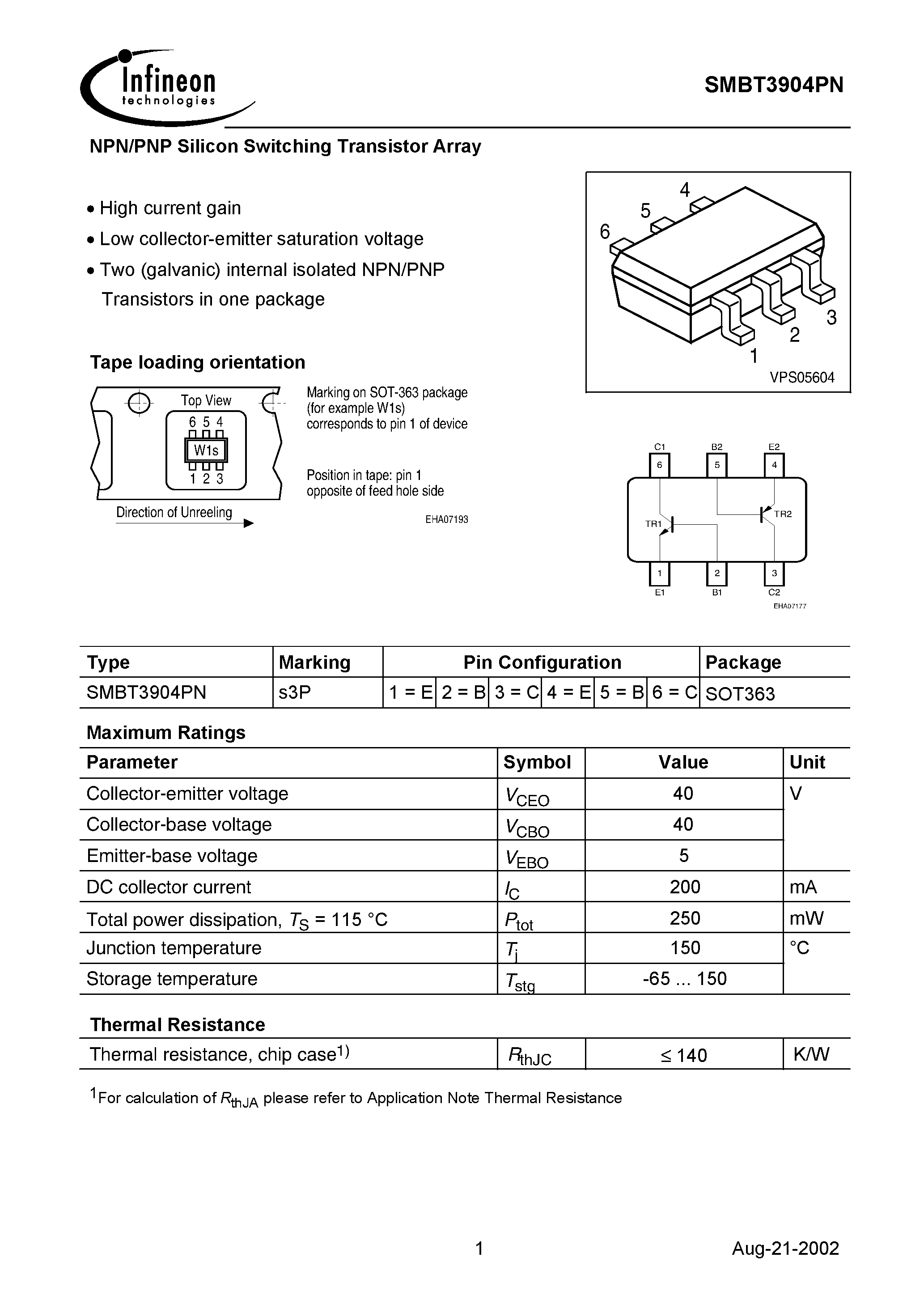 Datasheet SMBT3904PN - NPN/PNP Silicon Switching Transistor Array page 1