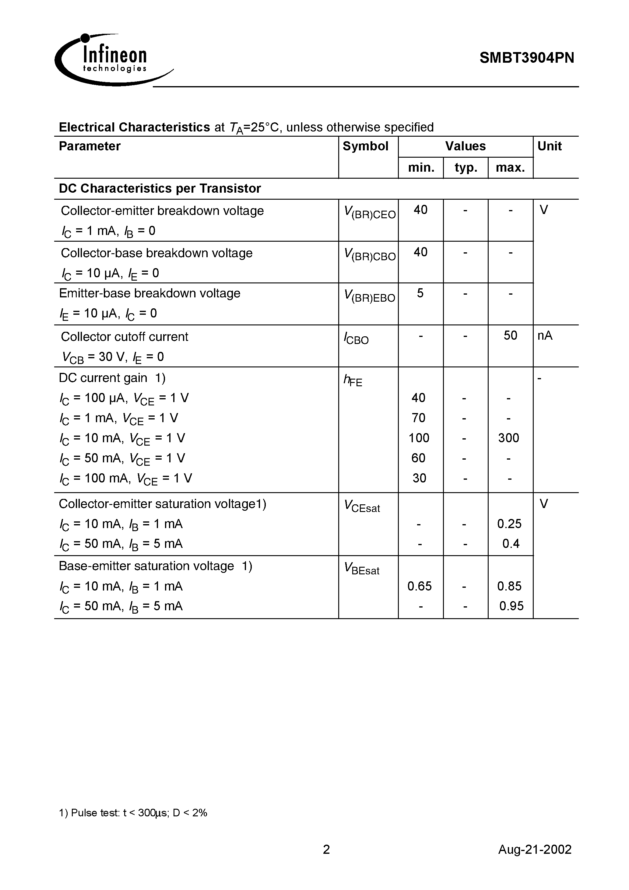 Datasheet SMBT3904PN - NPN/PNP Silicon Switching Transistor Array page 2