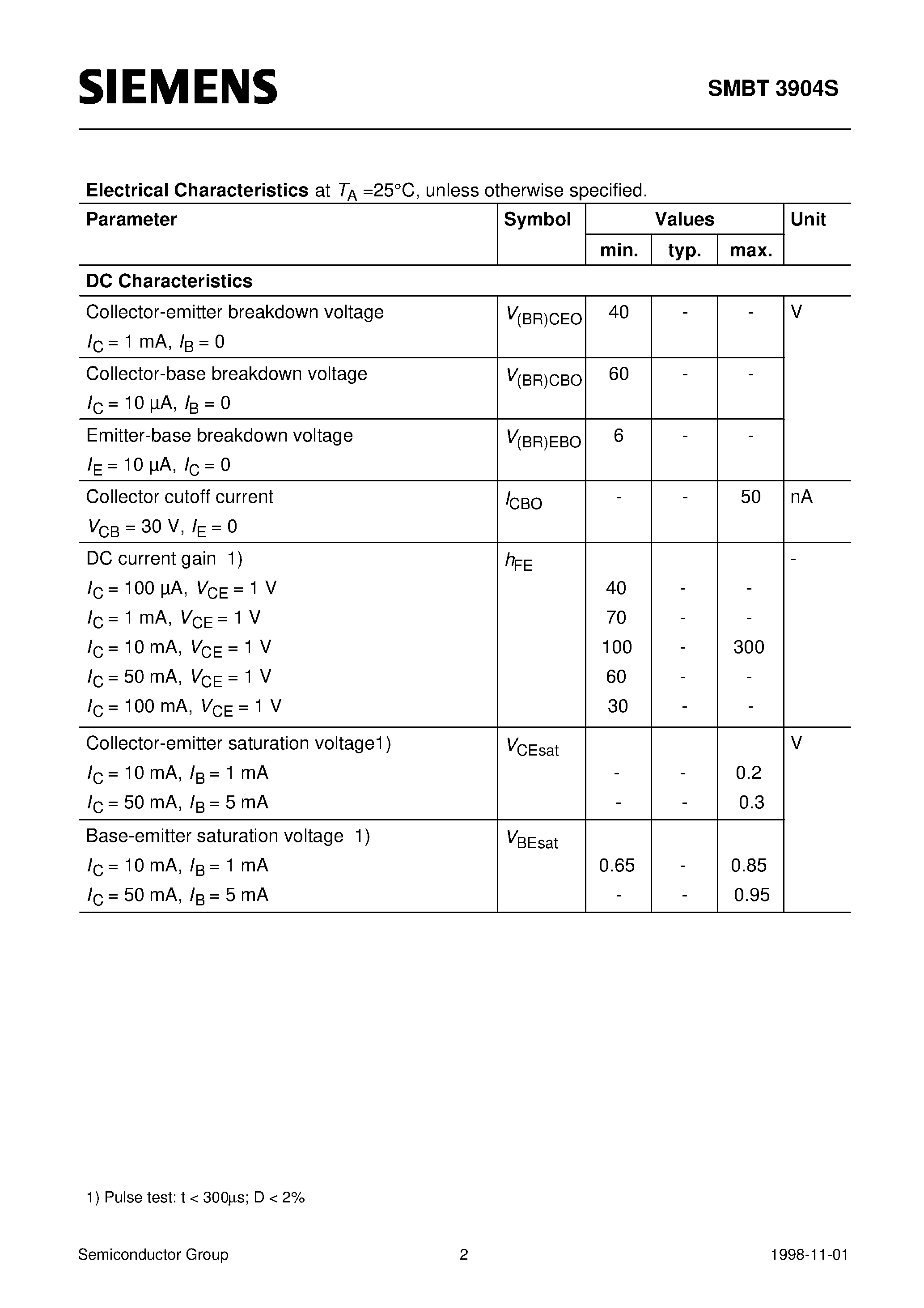 Datasheet SMBT3904S page 2 Datasheet SMBT3904S - NPN Silicon Switching Transistor Array page 2