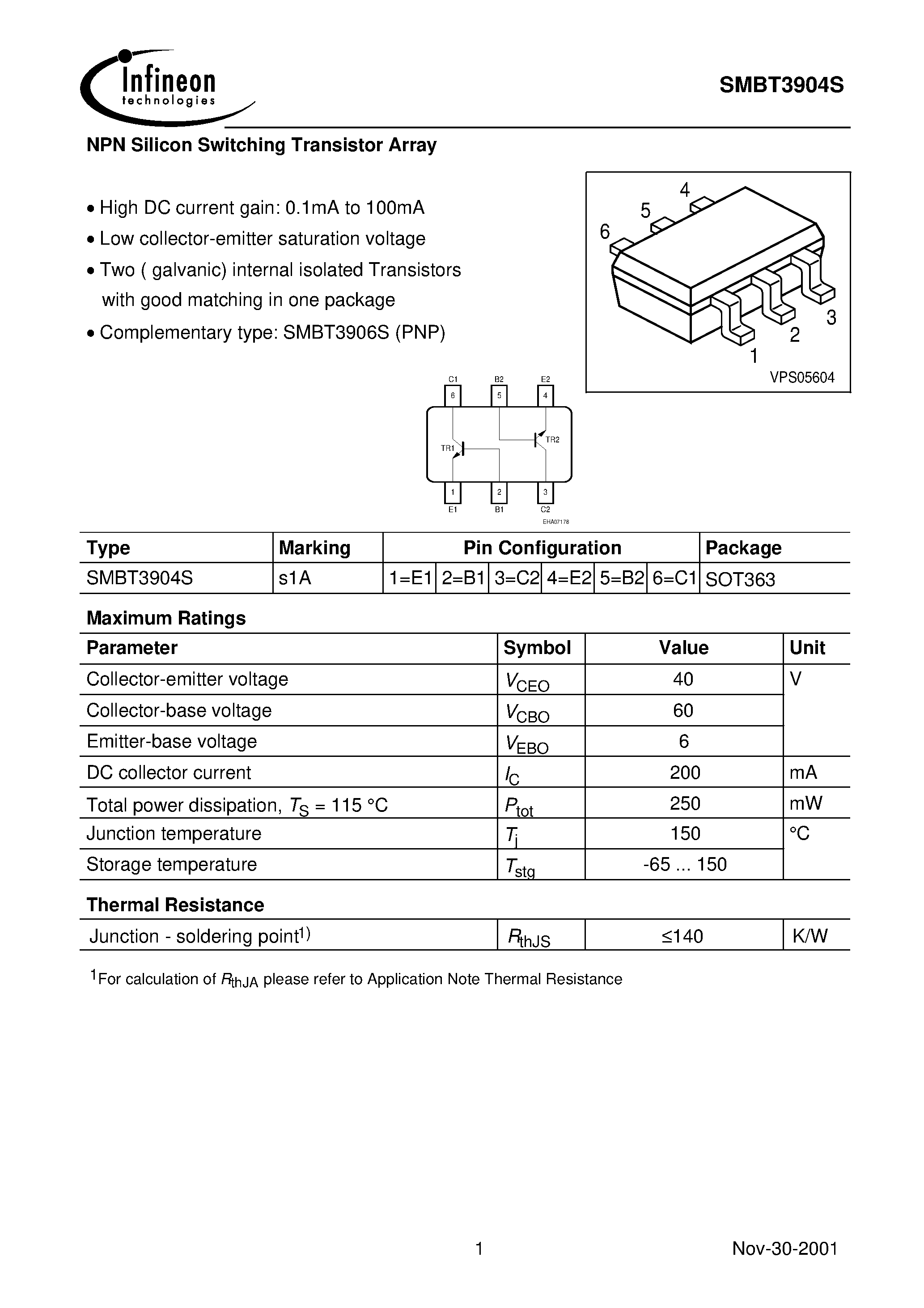 Datasheet SMBT3904S - NPN Silicon Switching Transistor Array page 1