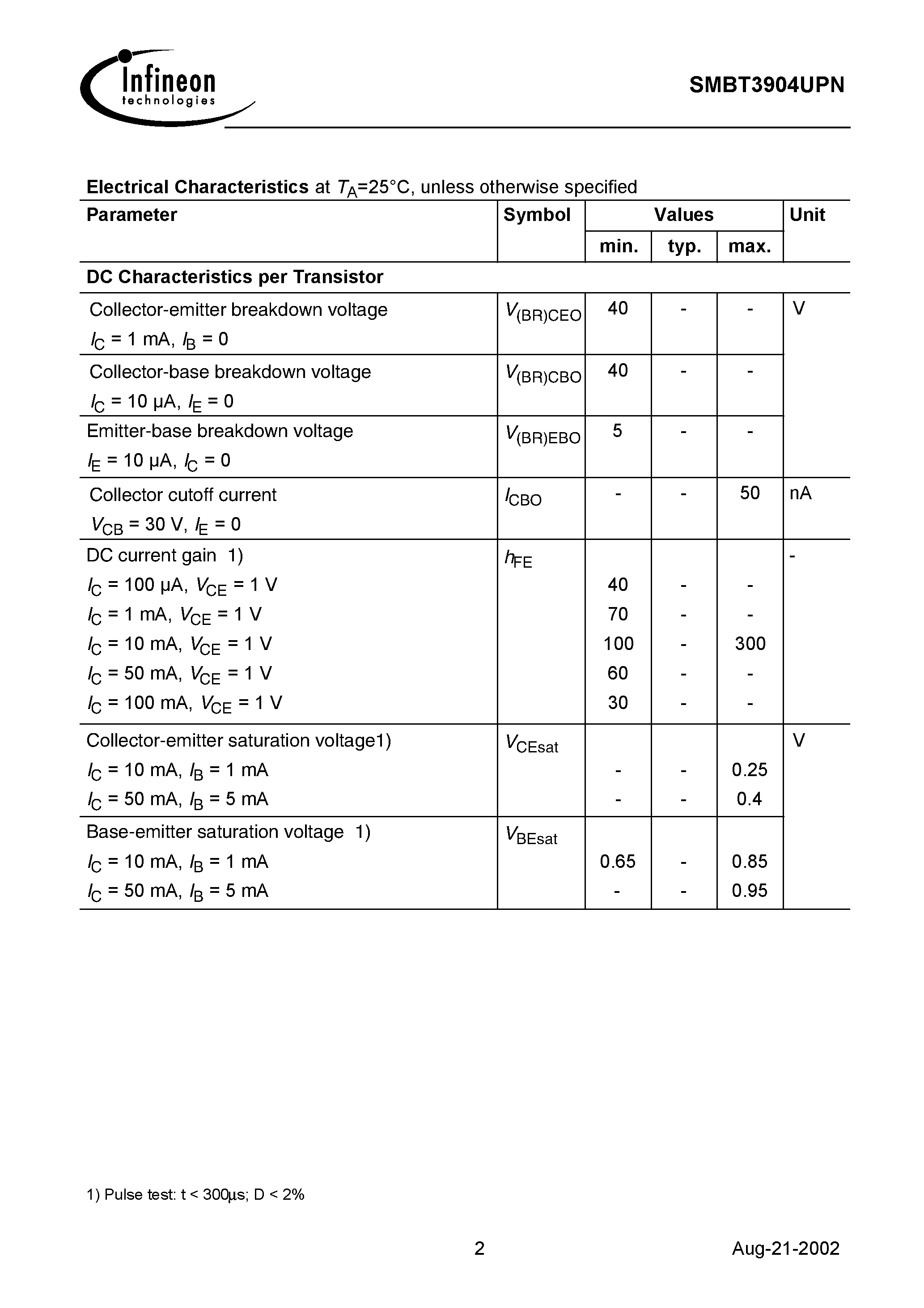 Datasheet SMBT3904UPN page 2 Datasheet SMBT3904UPN - NPN/PNP Silicon Switching Transistor Array page 2