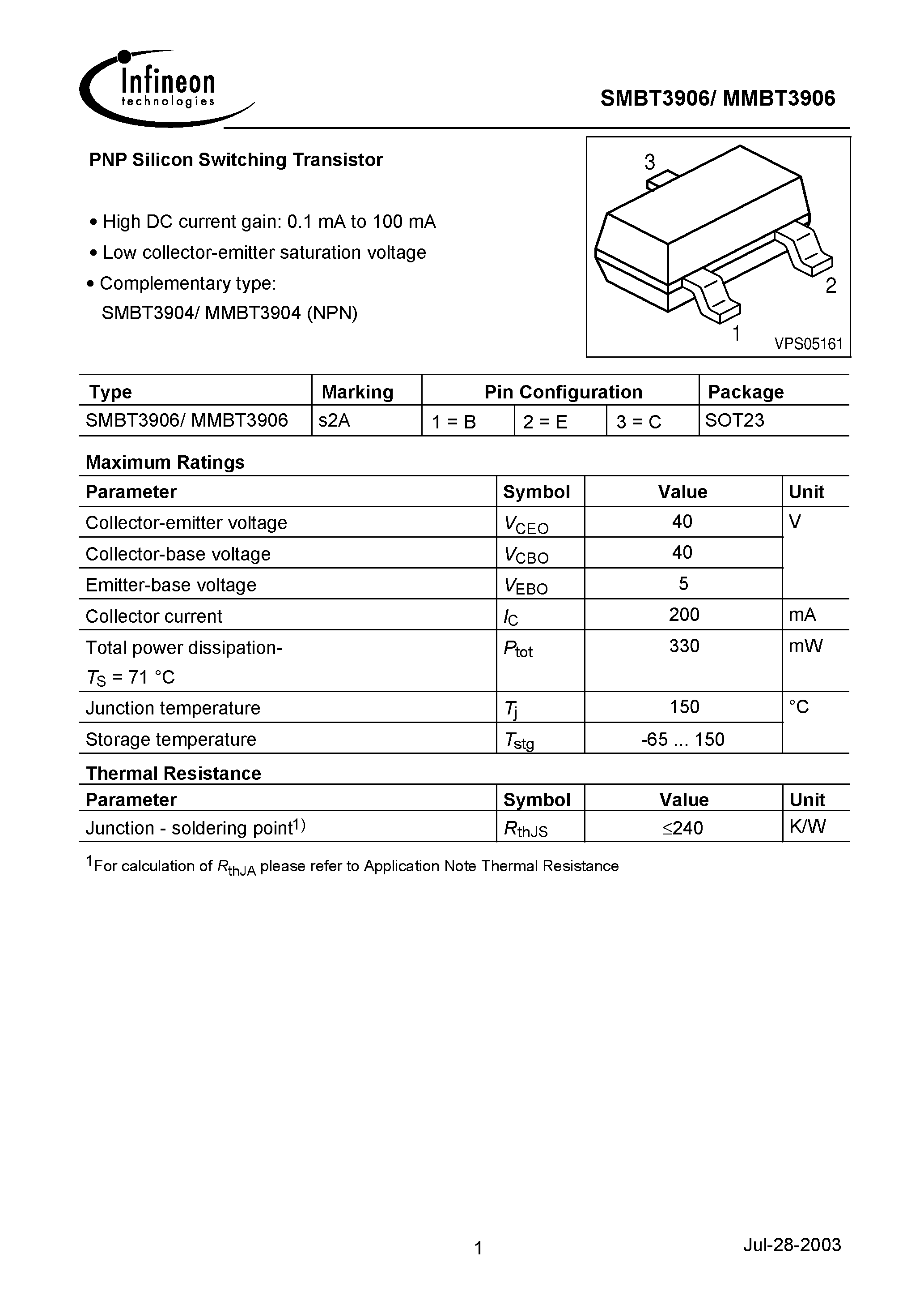 Datasheet SMBT3906 - PNP Silicon Switching Transistor page 1