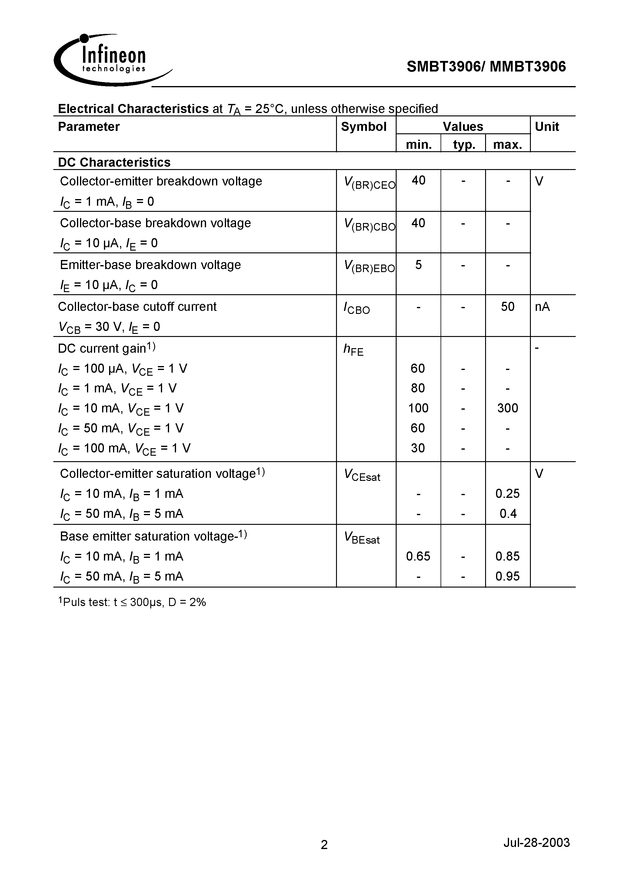 Datasheet SMBT3906 - PNP Silicon Switching Transistor page 2