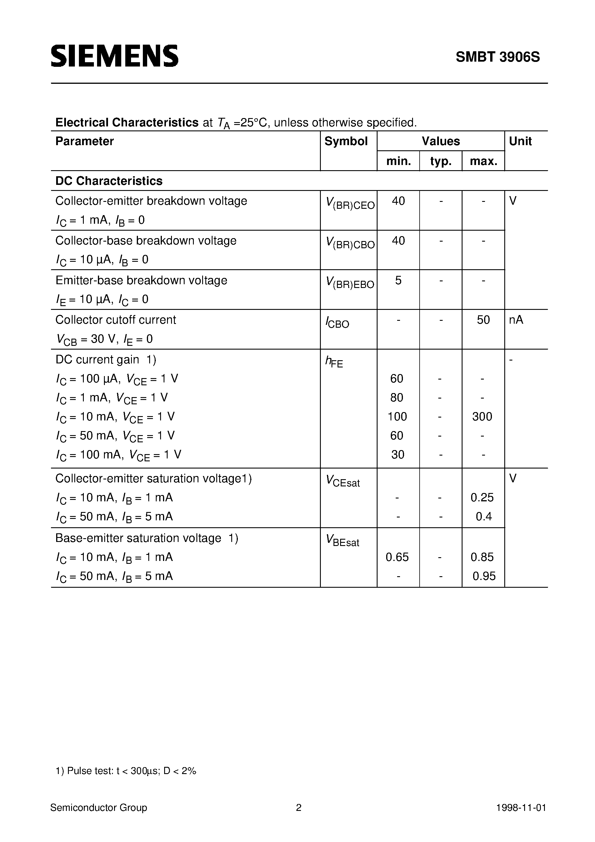 Datasheet SMBT3906S page 2 Datasheet SMBT3906S - PNP Silicon Switching Transistor Array page 2