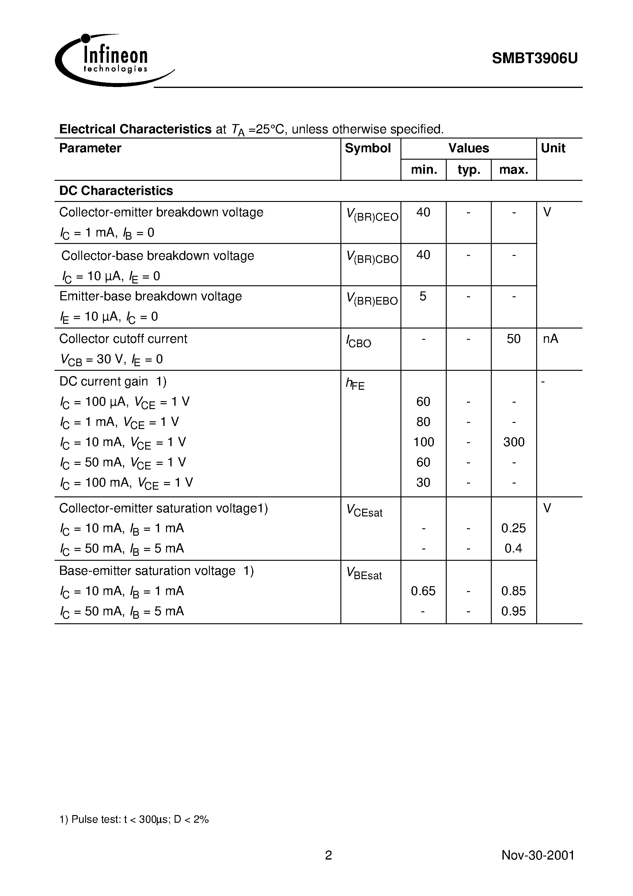 Datasheet SMBT3906U page 2 Datasheet SMBT3906U - PNP Silicon Switching Transistor Array page 2
