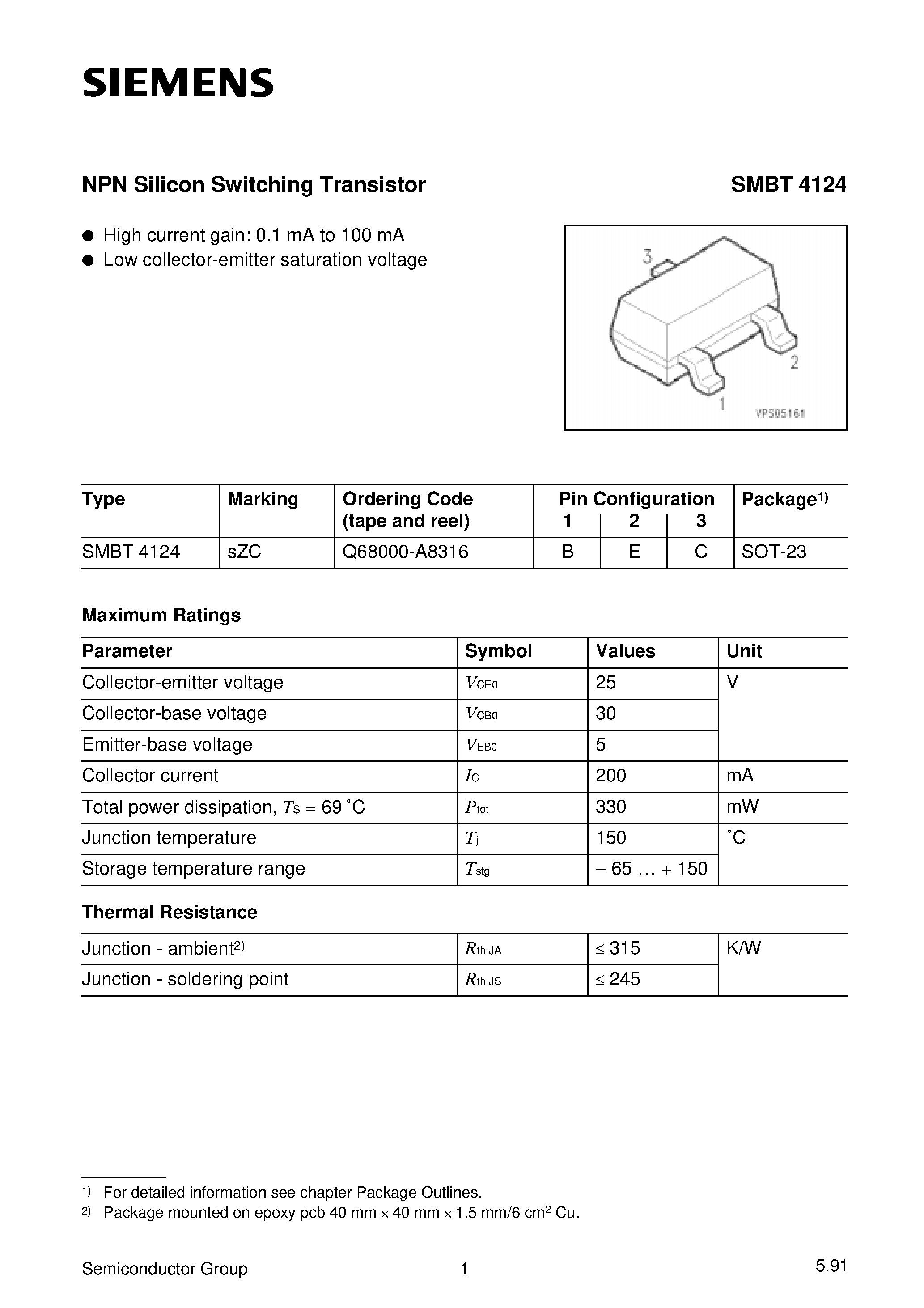 Datasheet SMBT4124 - NPN Silicon Switching Transistor page 1
