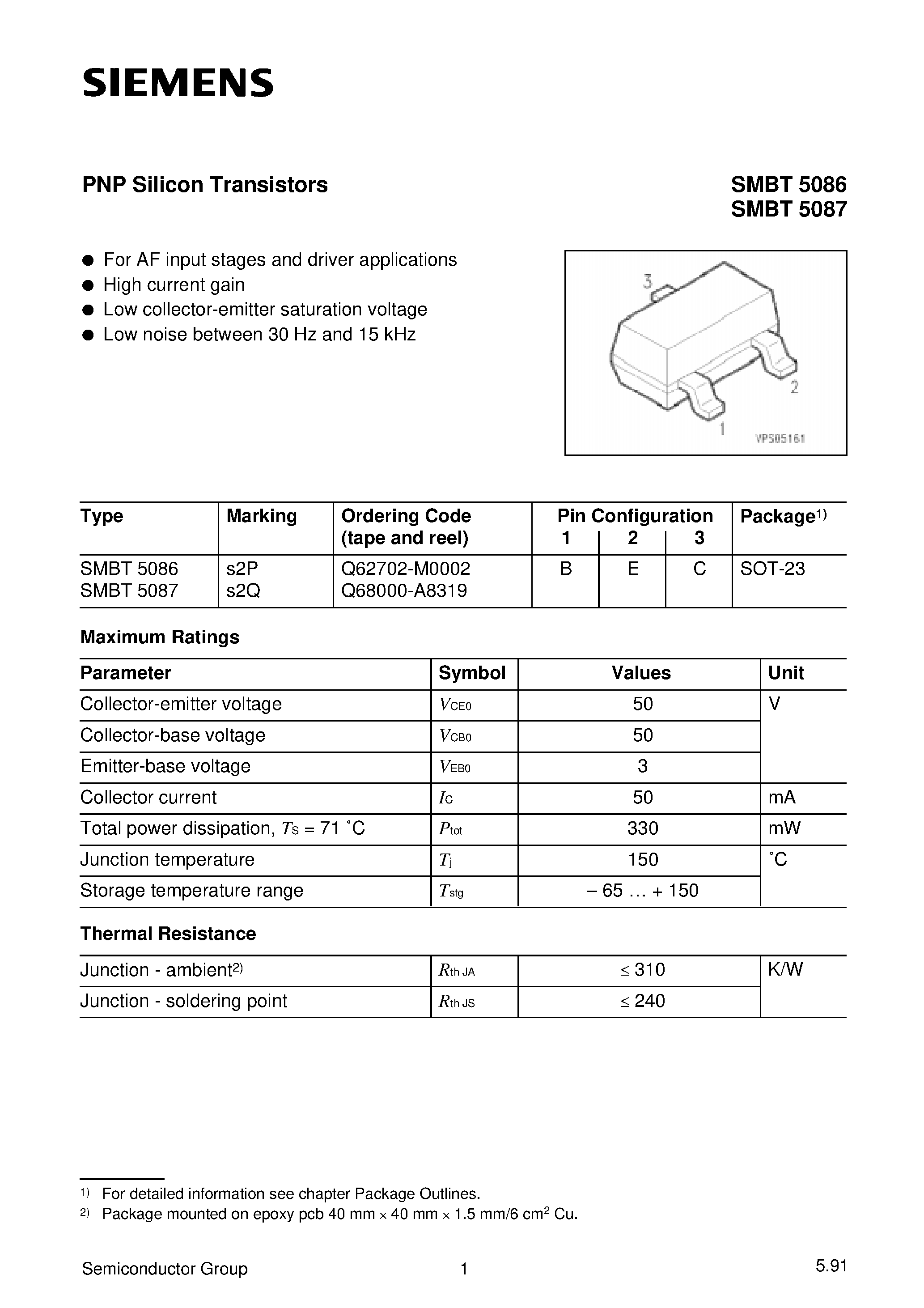 Datasheet SMBT5087 - PNP Silicon Transistors page 1