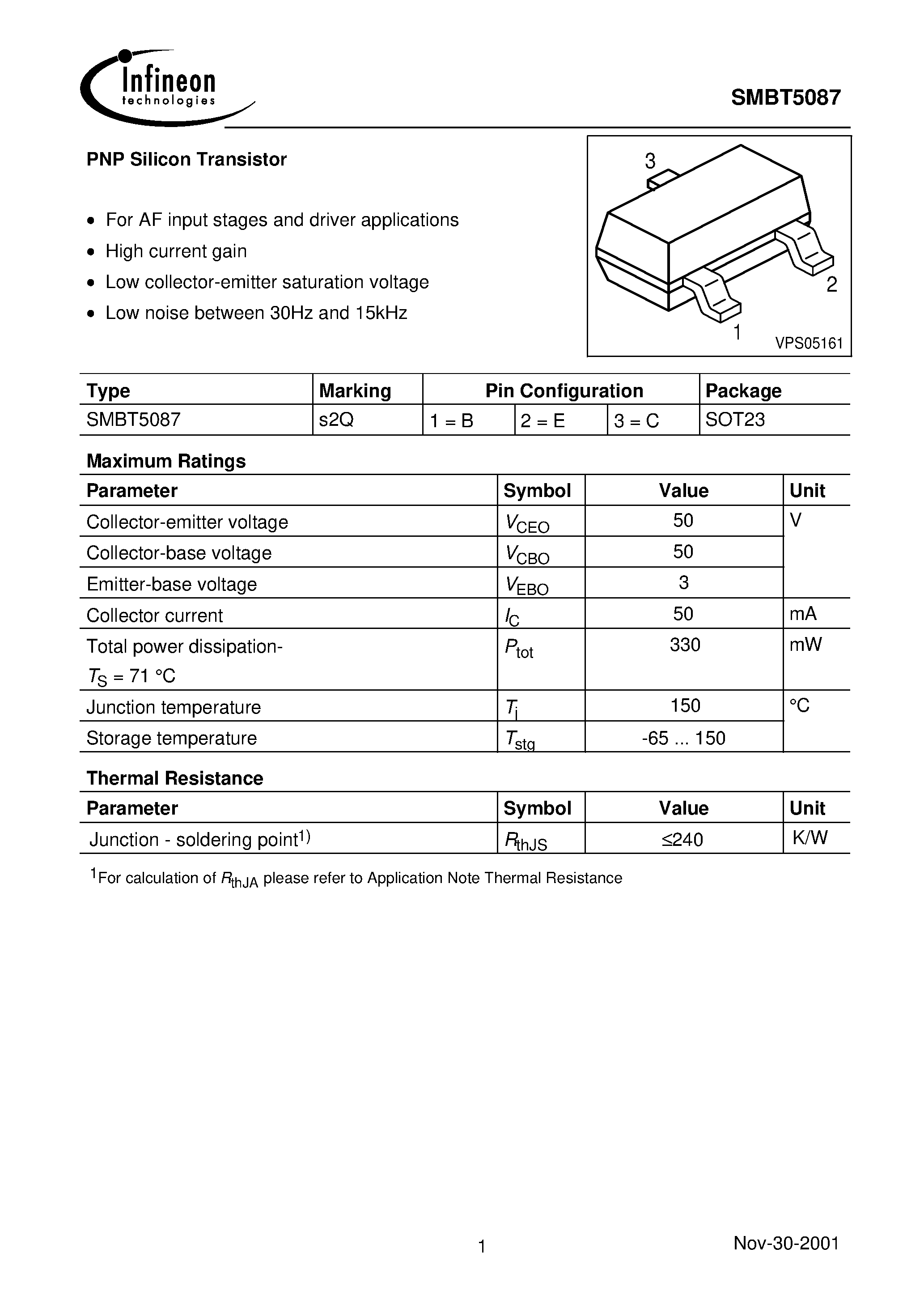 Datasheet SMBT5087 - PNP Silicon Transistor page 1