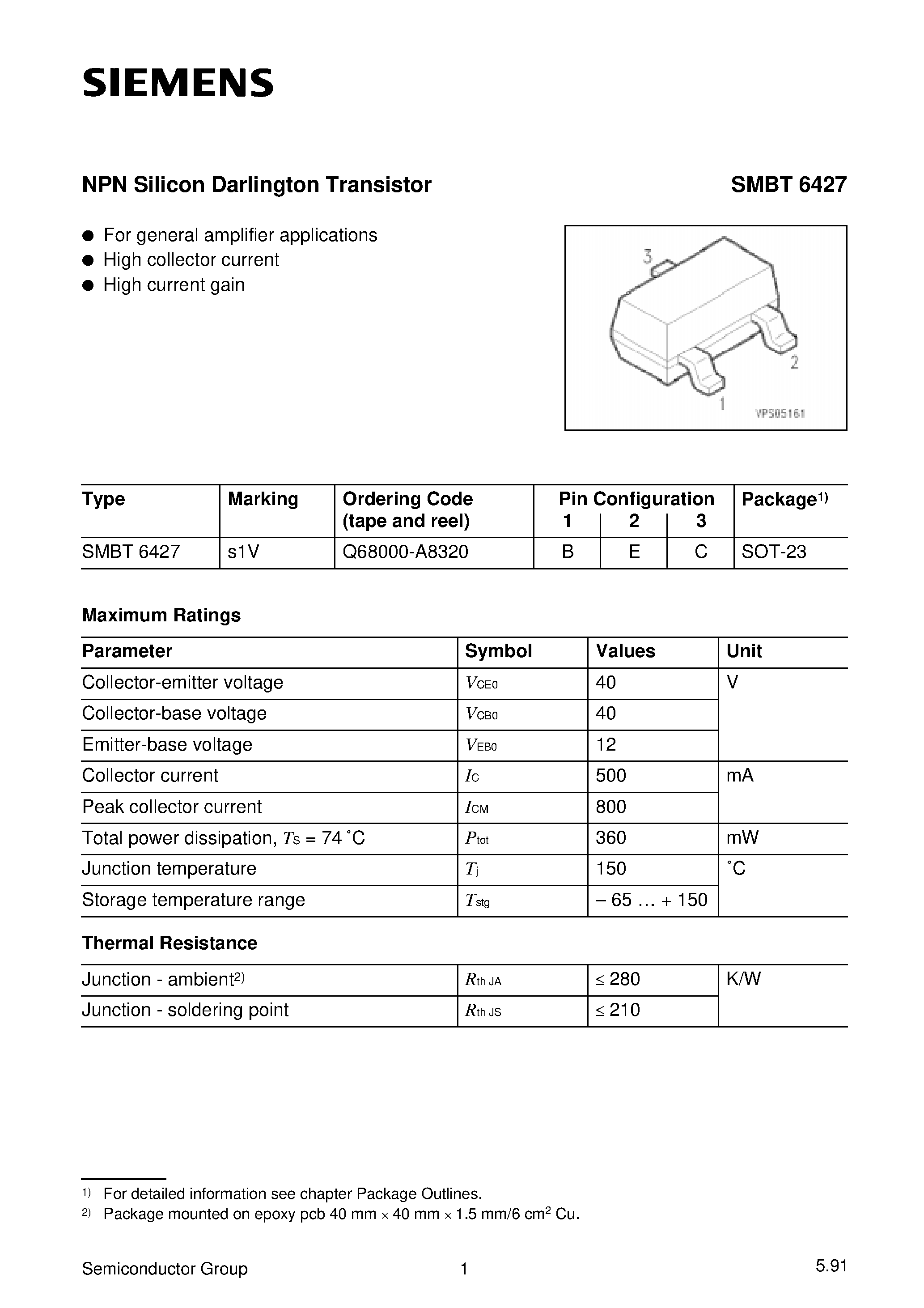 Datasheet SMBT6427 - NPN Silicon Darlington Transistor page 1
