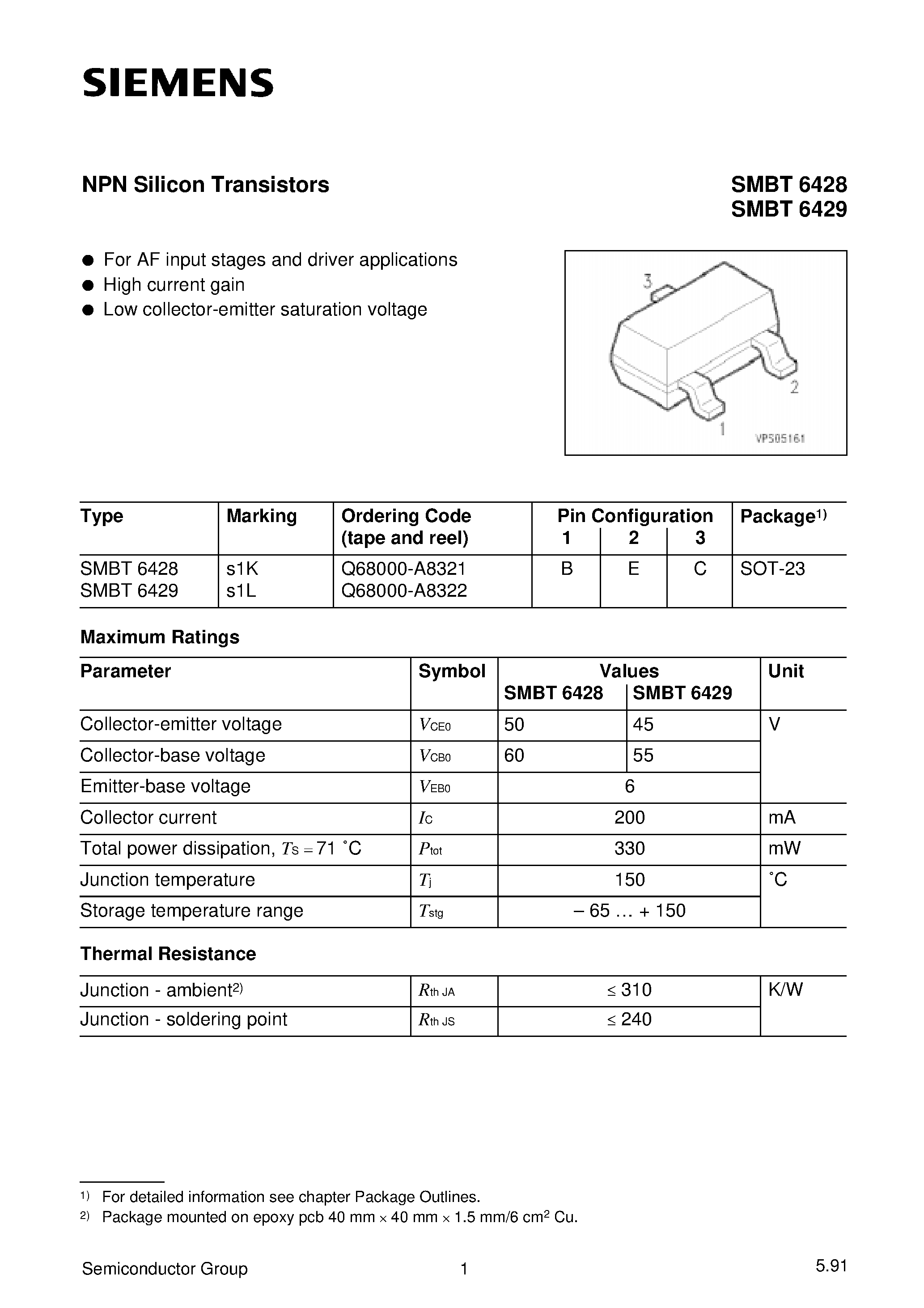 Datasheet SMBT6429 - NPN Silicon Transistors page 1