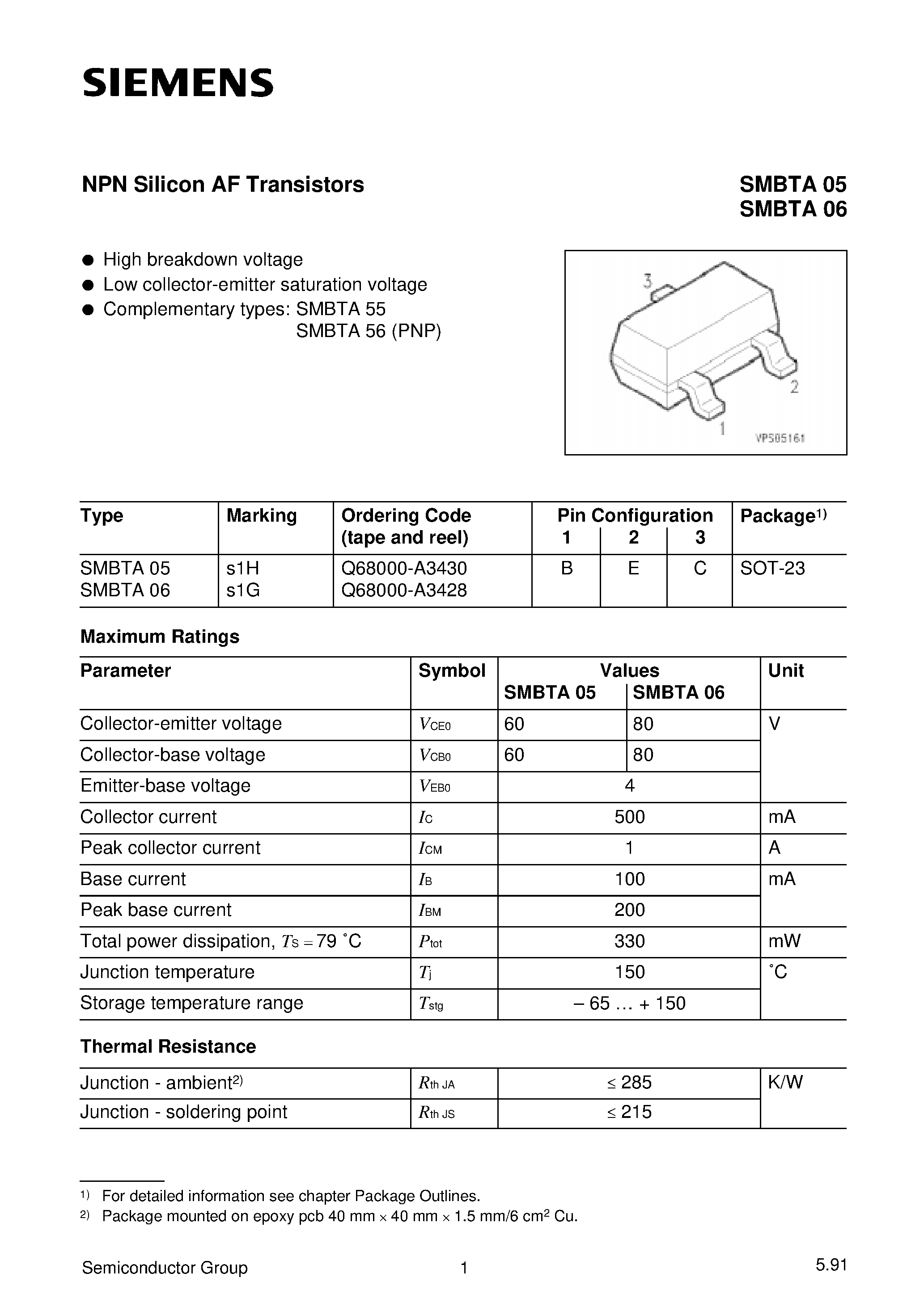 Datasheet SMBTA06 - NPN Silicon AF Transistors page 1