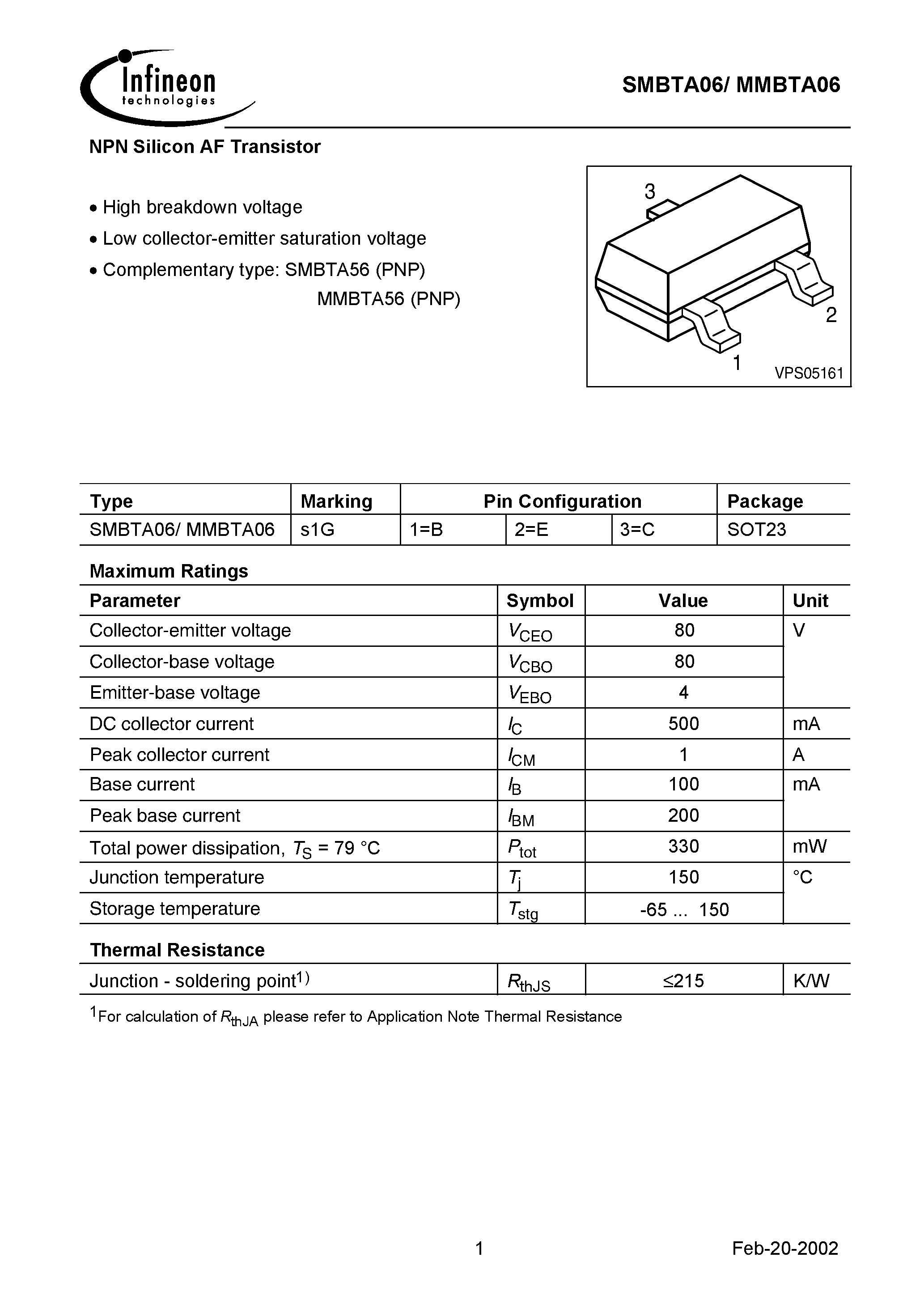 Datasheet SMBTA06 - NPN Silicon AF Transistor page 1