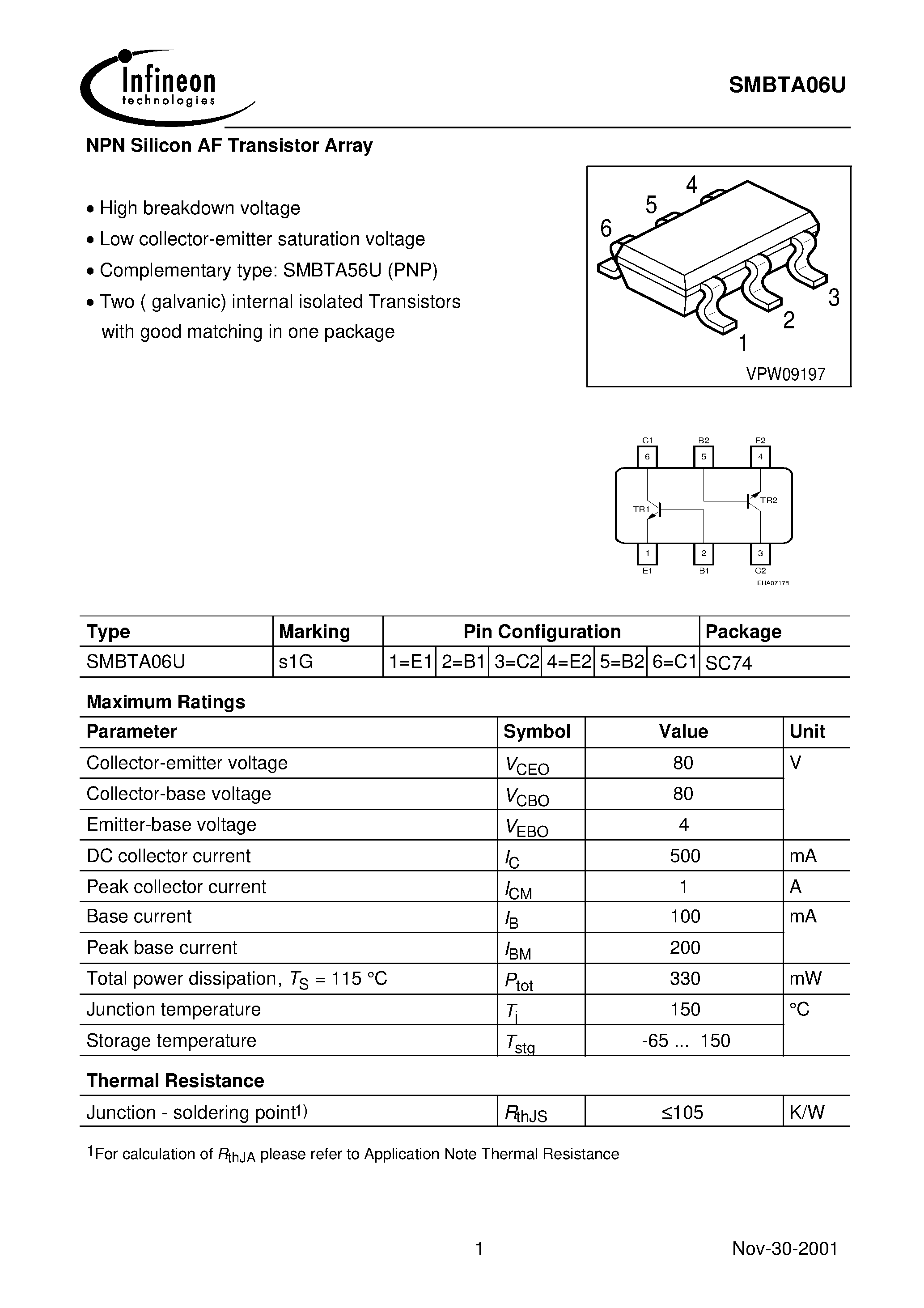 Datasheet SMBTA06U - NPN Silicon AF Transistor Array page 1