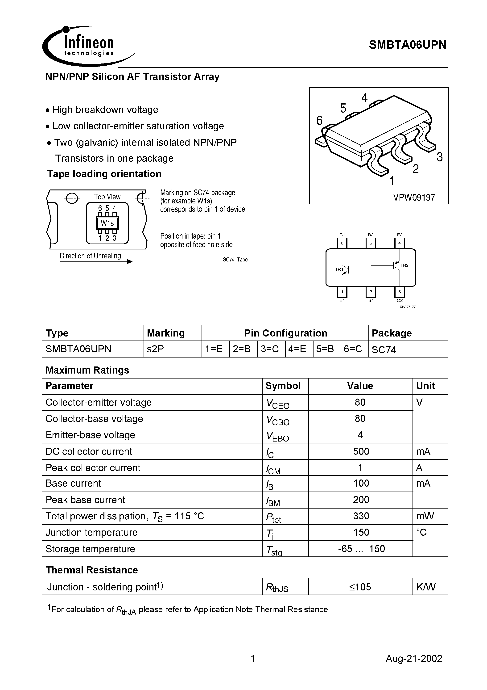 Datasheet SMBTA06UPN page 1 Datasheet SMBTA06UPN - NPN/PNP Silicon AF Transistor Array page 1