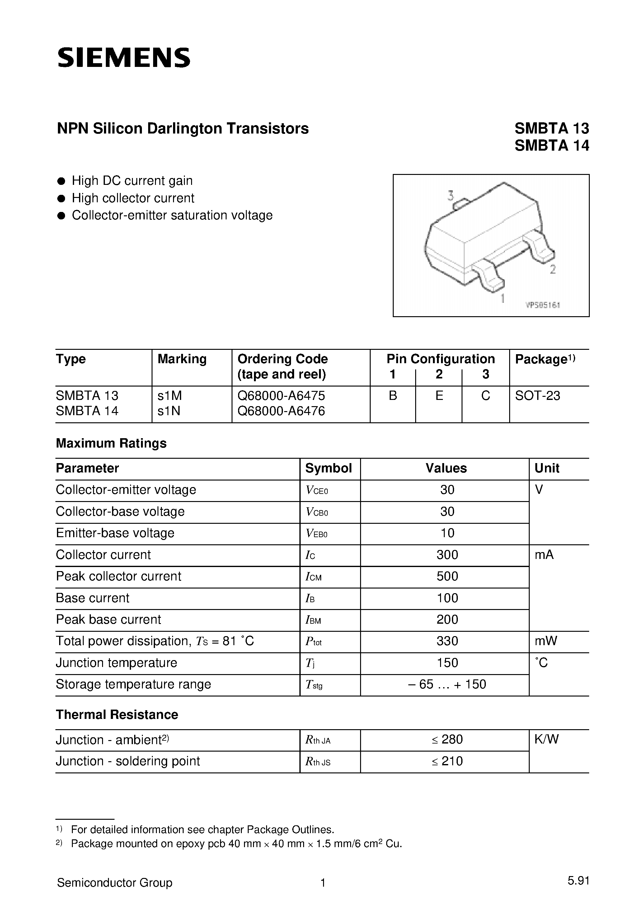 Datasheet SMBTA13 page 1 Datasheet SMBTA13 - NPN Silicon Darlington Transistors page 1