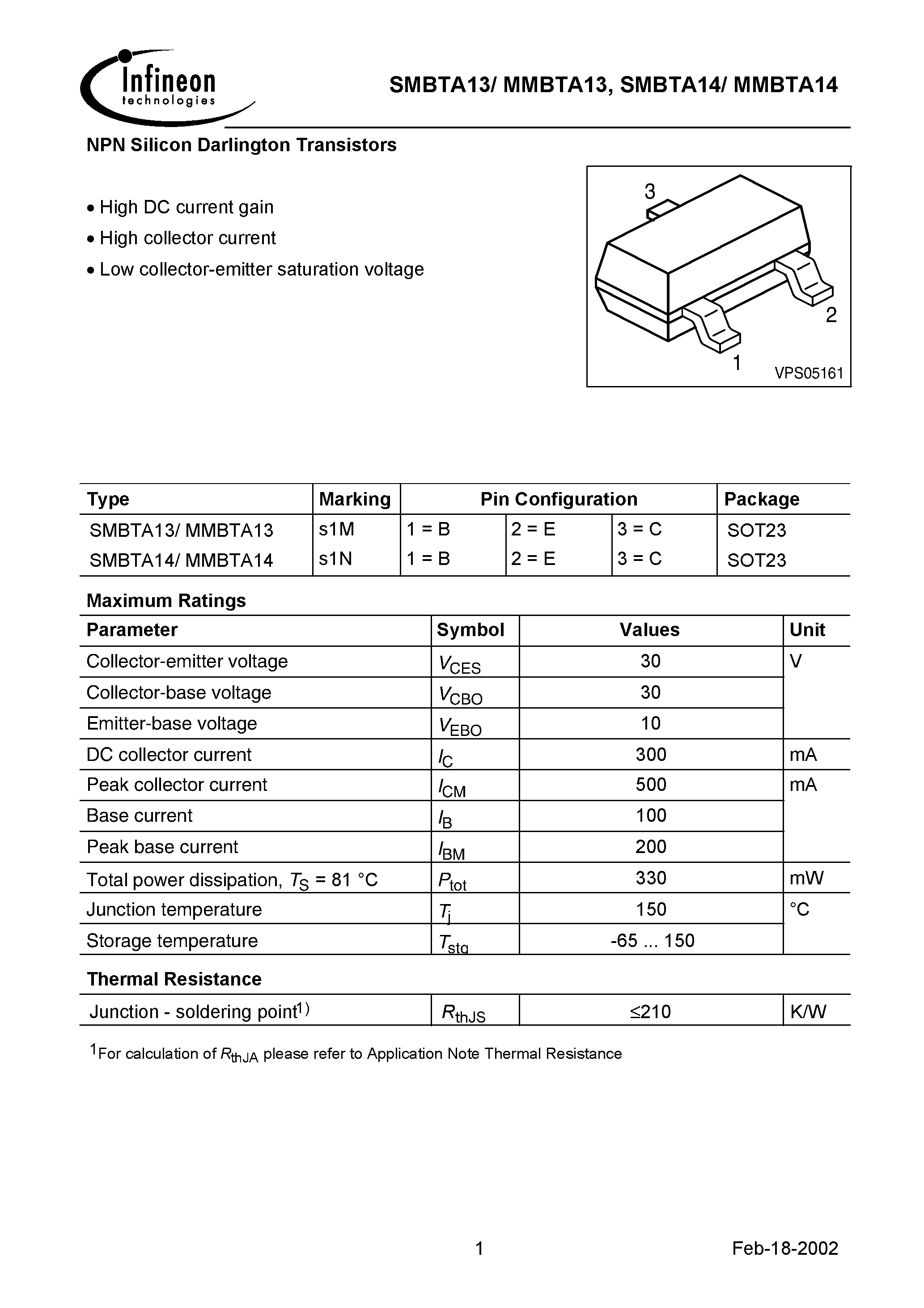 Datasheet SMBTA14 - NPN Silicon Darlington Transistors page 1