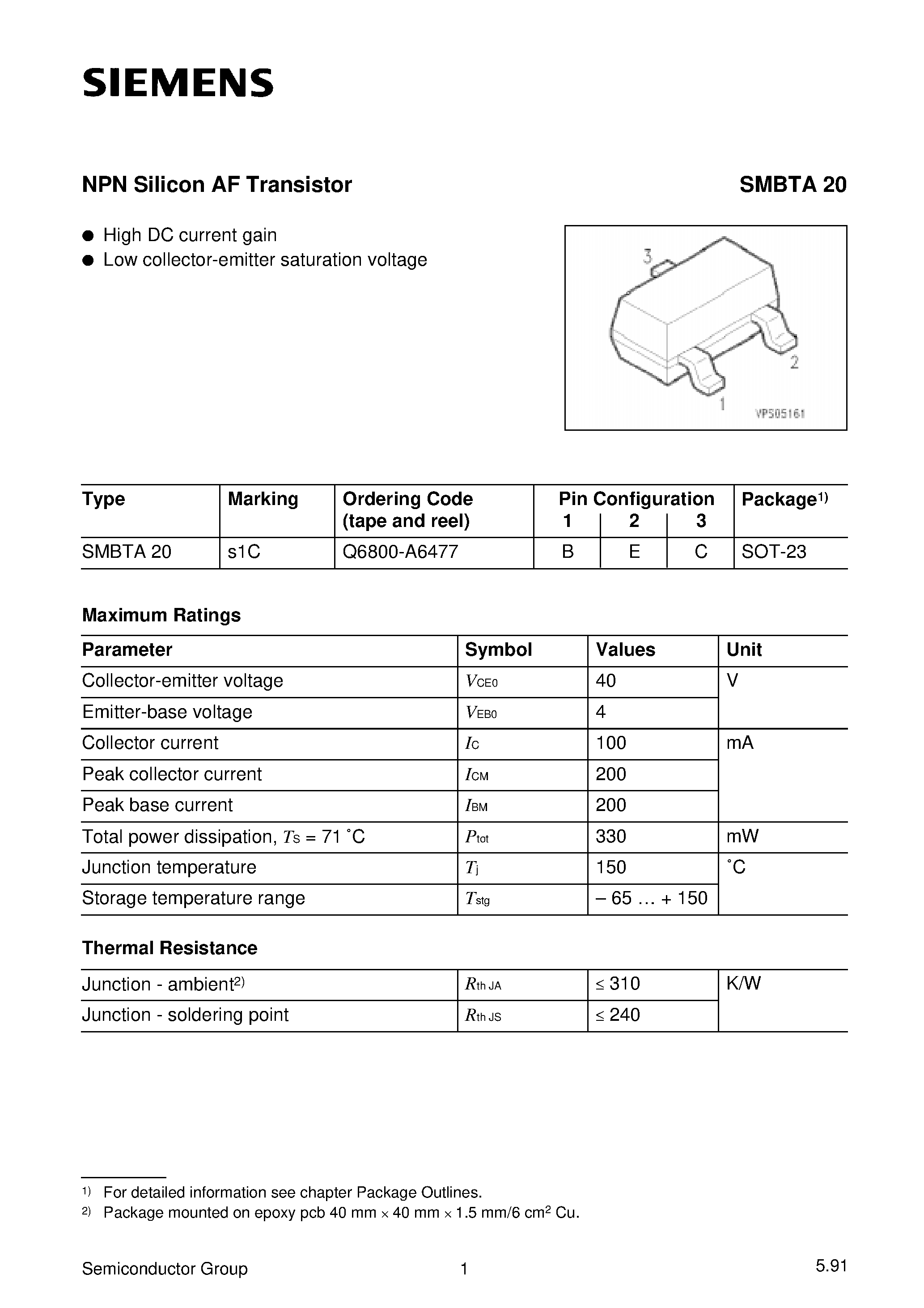 Datasheet SMBTA20 - NPN Silicon AF Transistor page 1