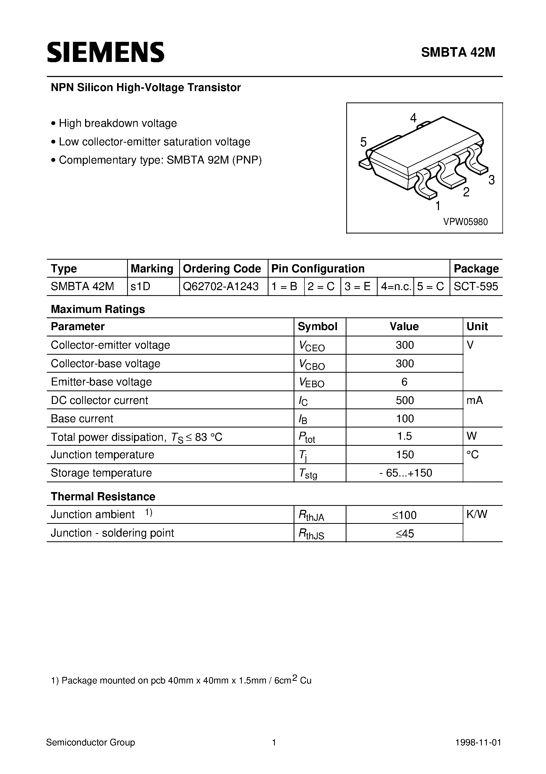 Datasheet SMBTA42M page 1 Datasheet SMBTA42M - NPN Silicon High-Voltage Transistor page 1