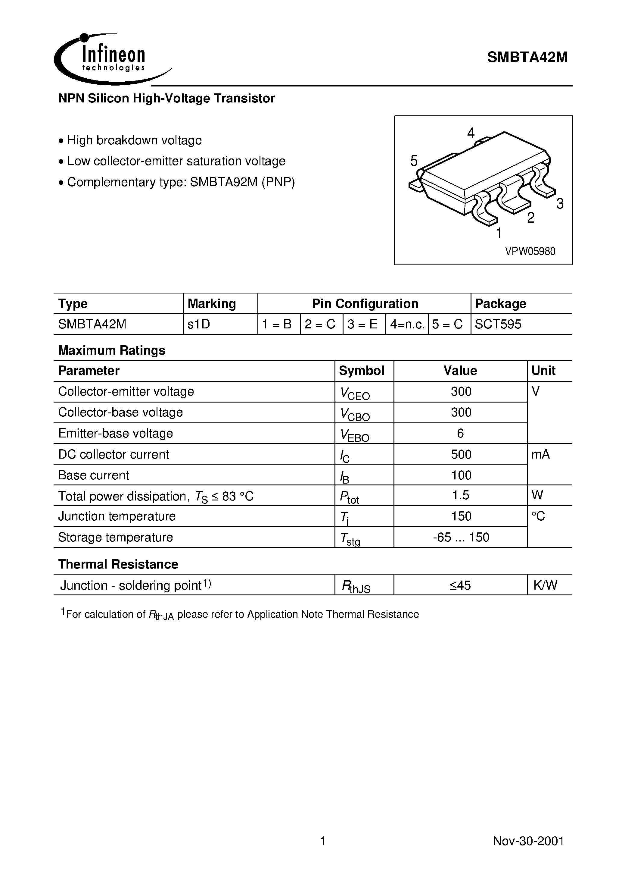 Datasheet SMBTA42M - NPN Silicon High-Voltage Transistor page 1