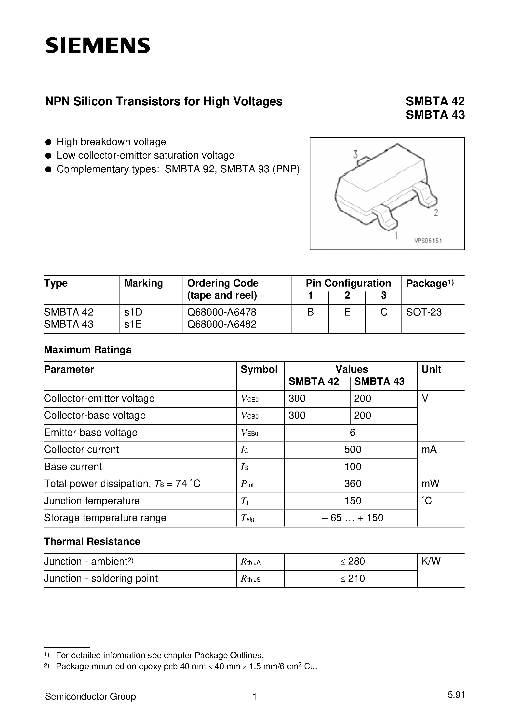 Datasheet SMBTA43 page 1 Datasheet SMBTA43 - NPN Silicon Transistors for High Voltages page 1