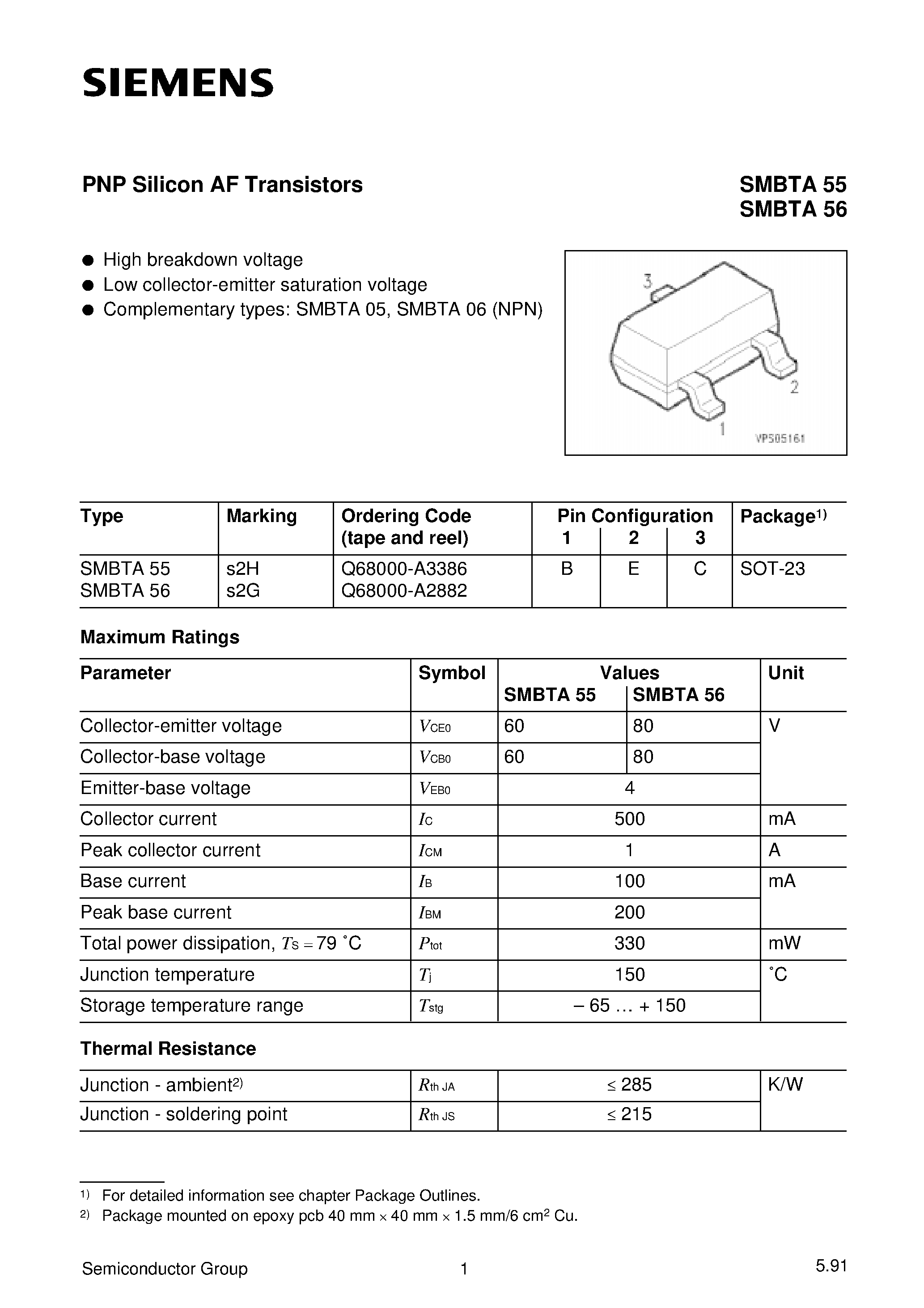 Datasheet SMBTA56 page 1 Datasheet SMBTA56 - PNP Silicon AF Transistors page 1