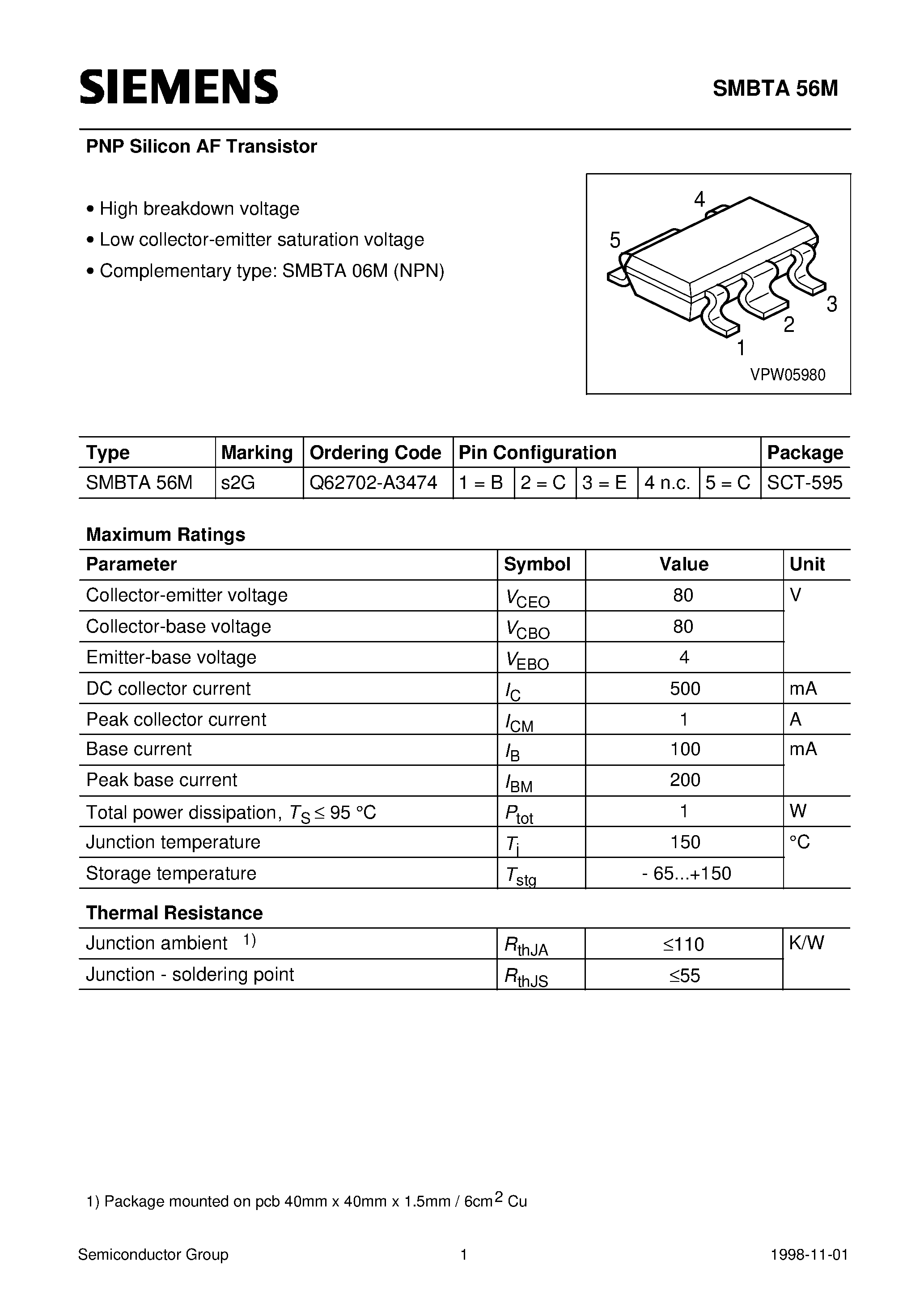 Datasheet SMBTA56M page 1 Datasheet SMBTA56M - PNP Silicon AF Transistor page 1