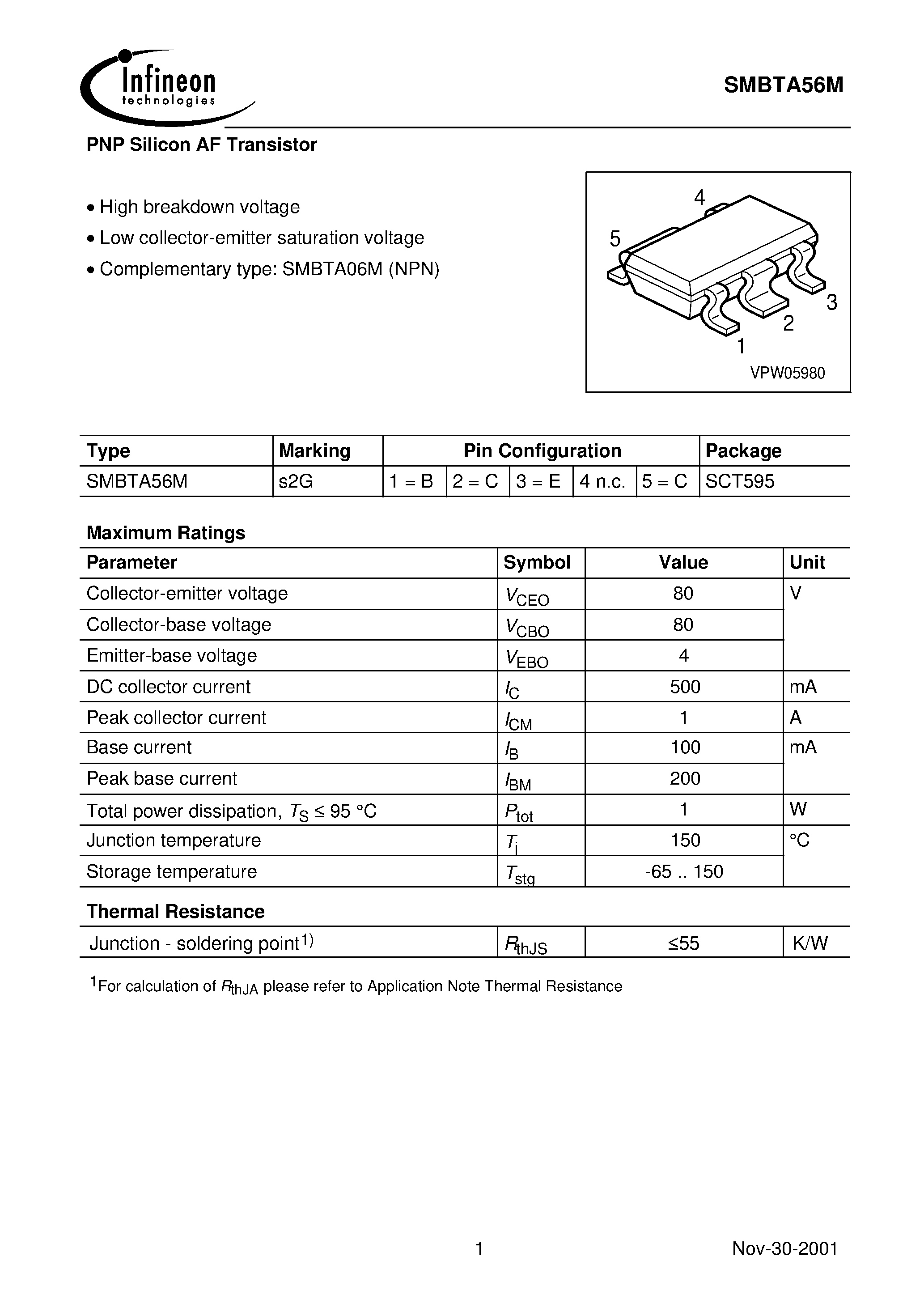 Datasheet SMBTA56M - PNP Silicon AF Transistor page 1