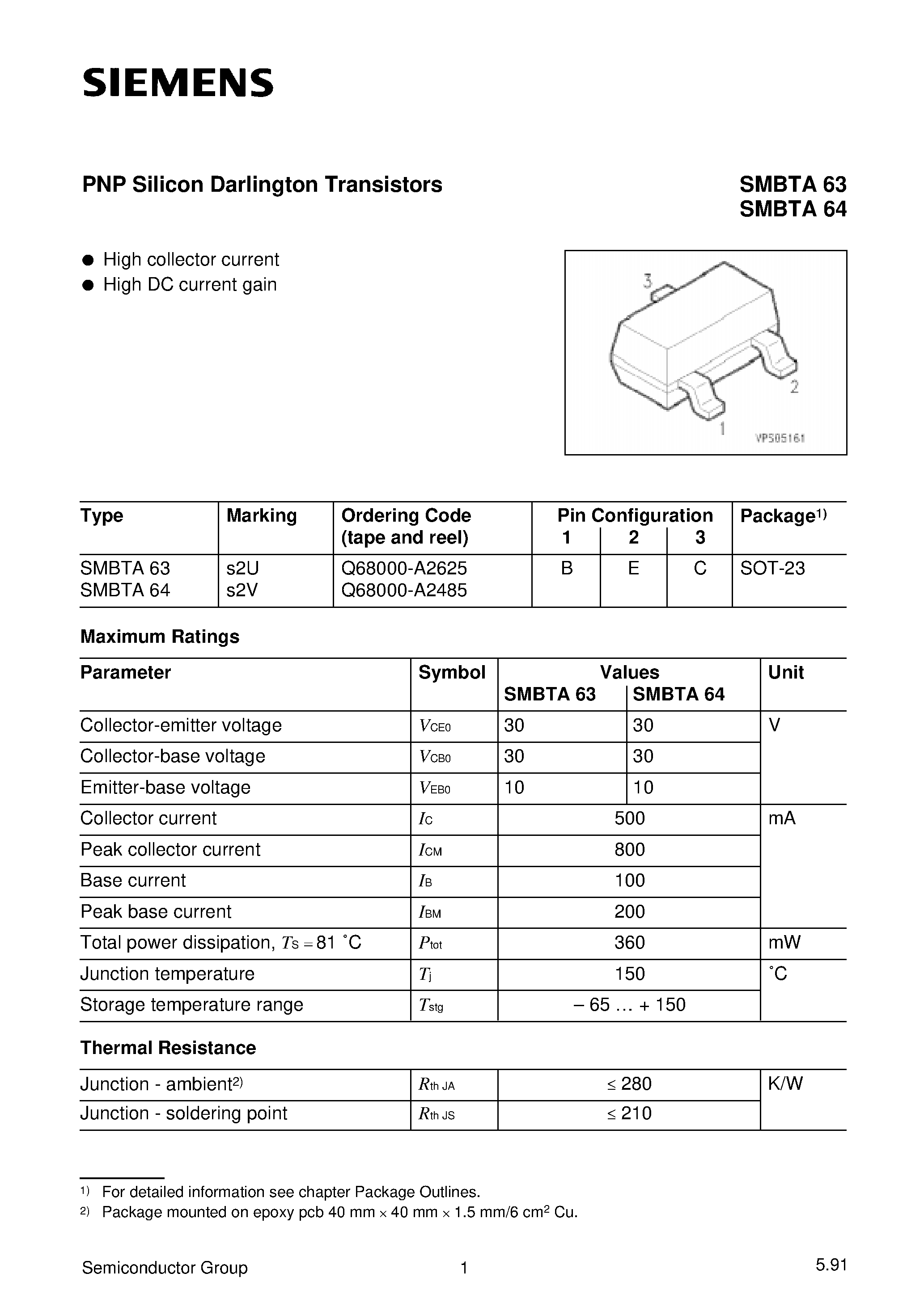 Datasheet SMBTA63 - PNP Silicon Darlington Transistors page 1