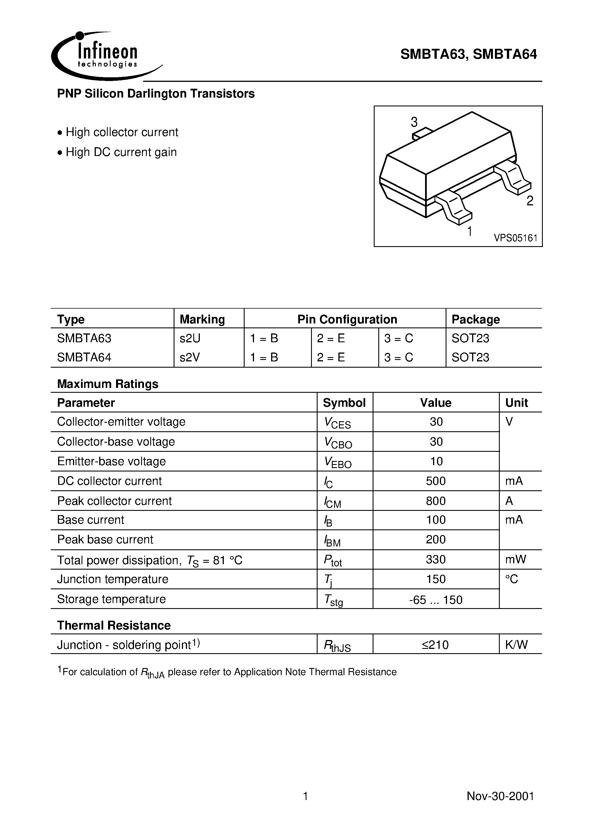 Datasheet SMBTA64 - PNP Silicon Darlington Transistors page 1