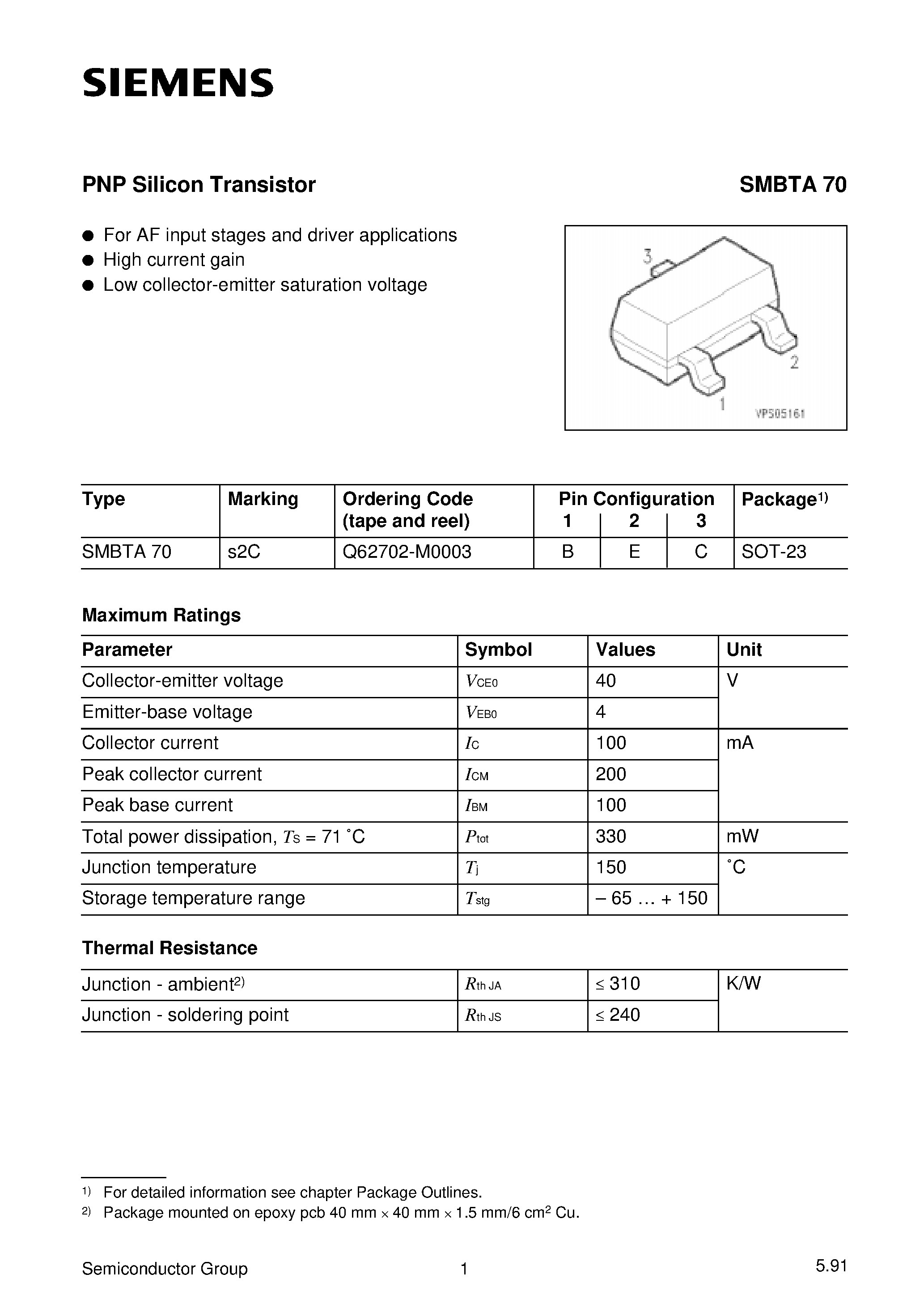 Datasheet SMBTA70 - PNP Silicon Transistor page 1