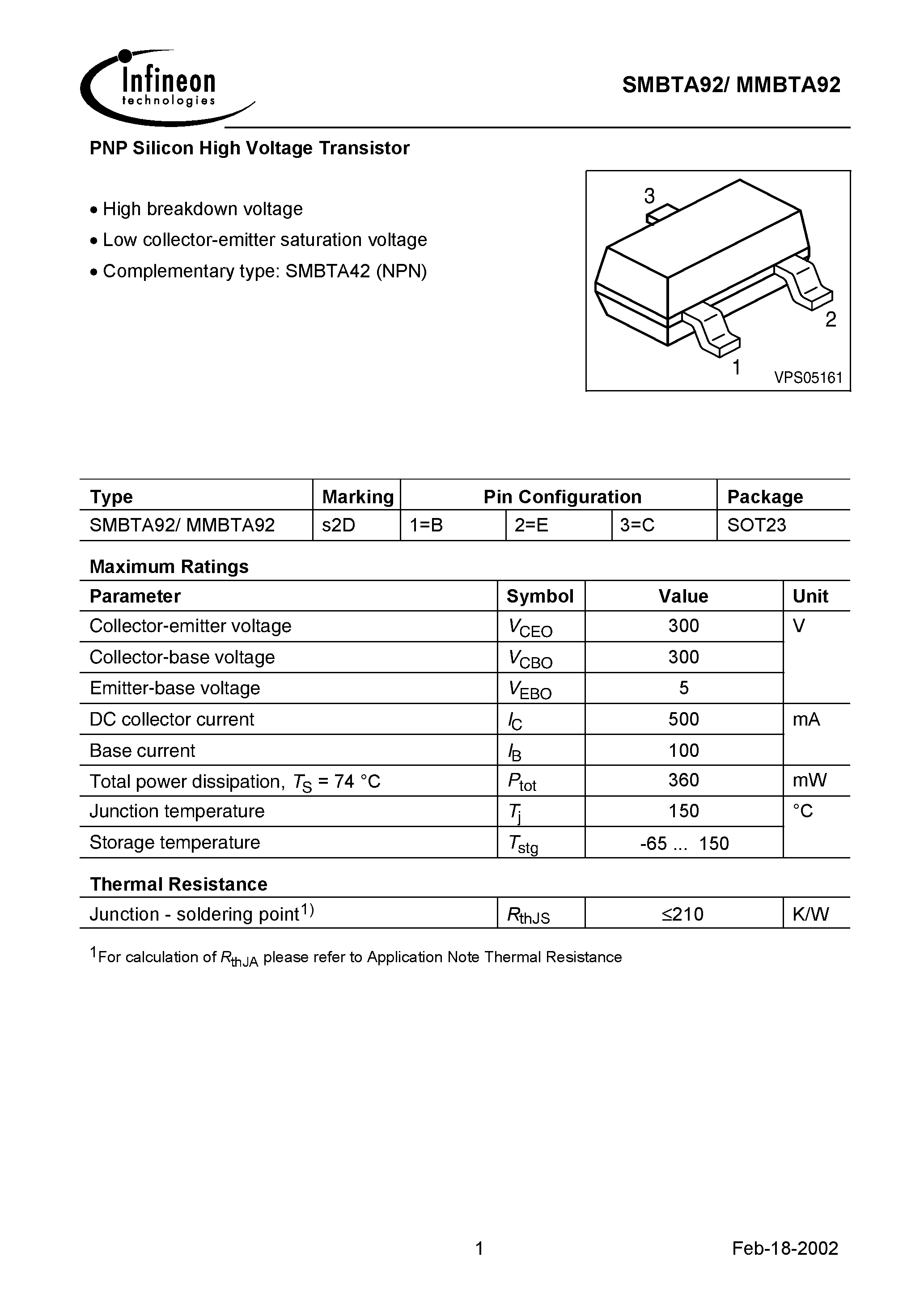 Datasheet SMBTA92 - PNP Silicon High Voltage Transistor page 1