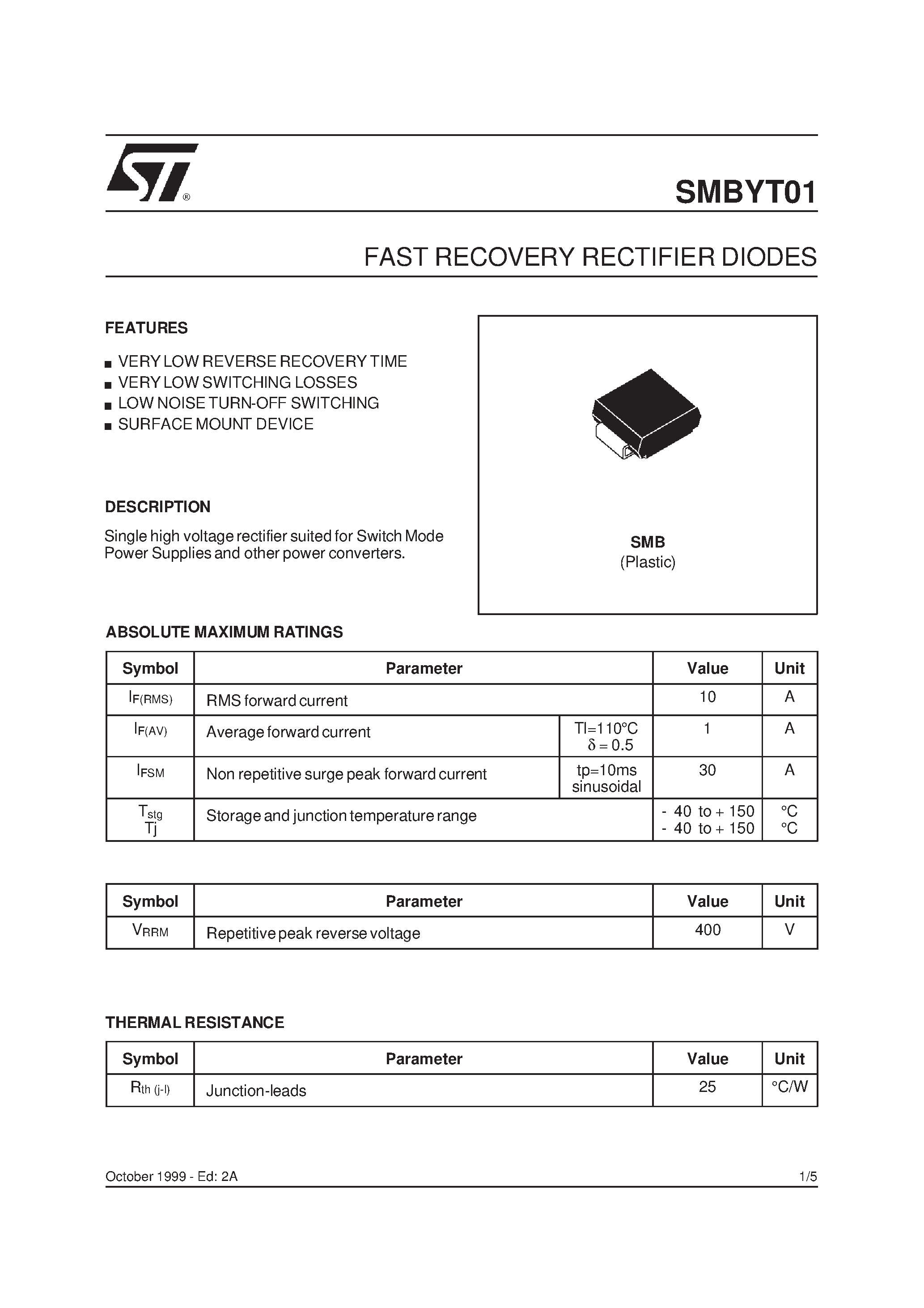 Datasheet SMBYT01 - FAST RECOVERY RECTIFIER DIODES page 1