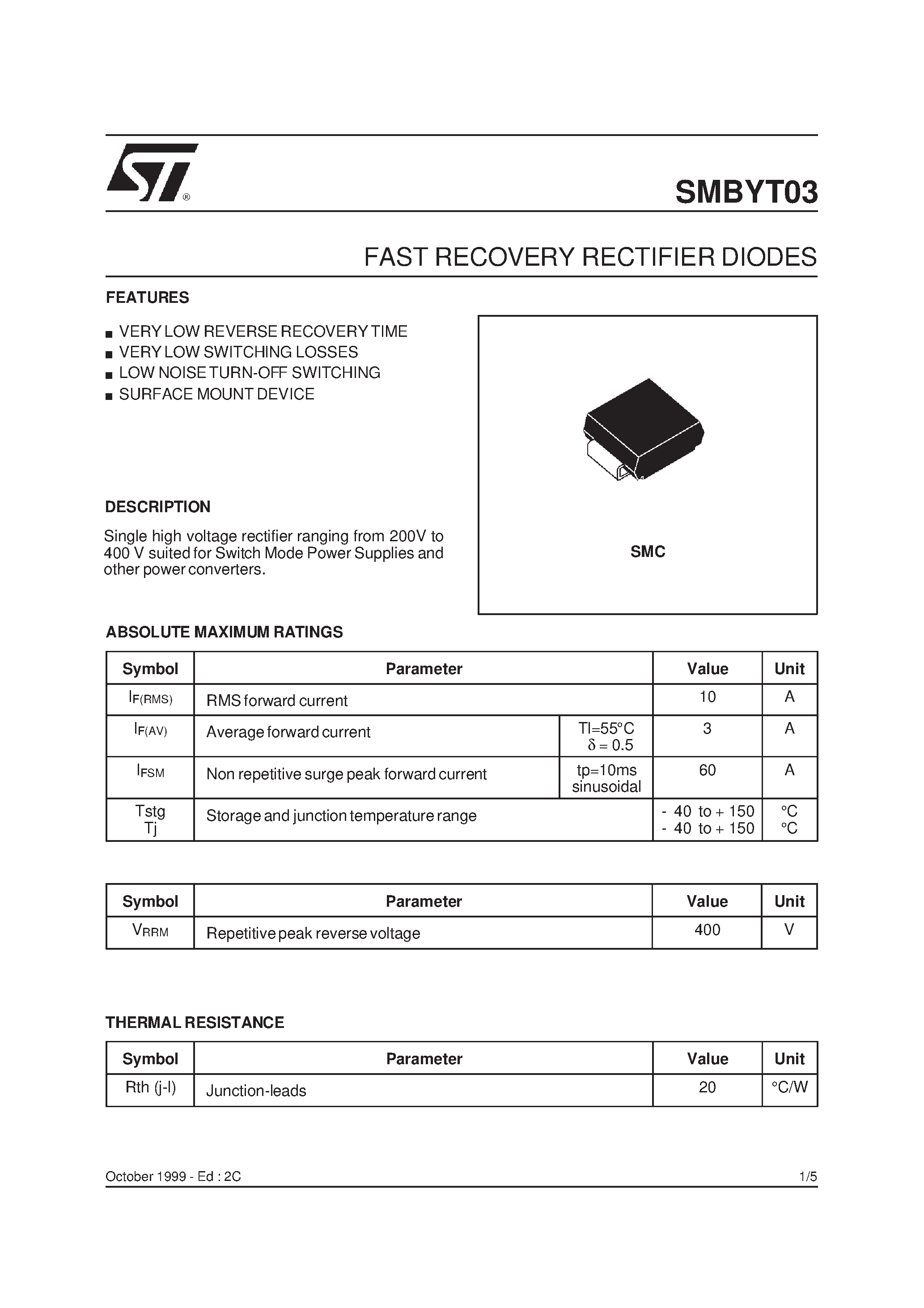 Datasheet SMBYT03 - FAST RECOVERY RECTIFIER DIODES page 1