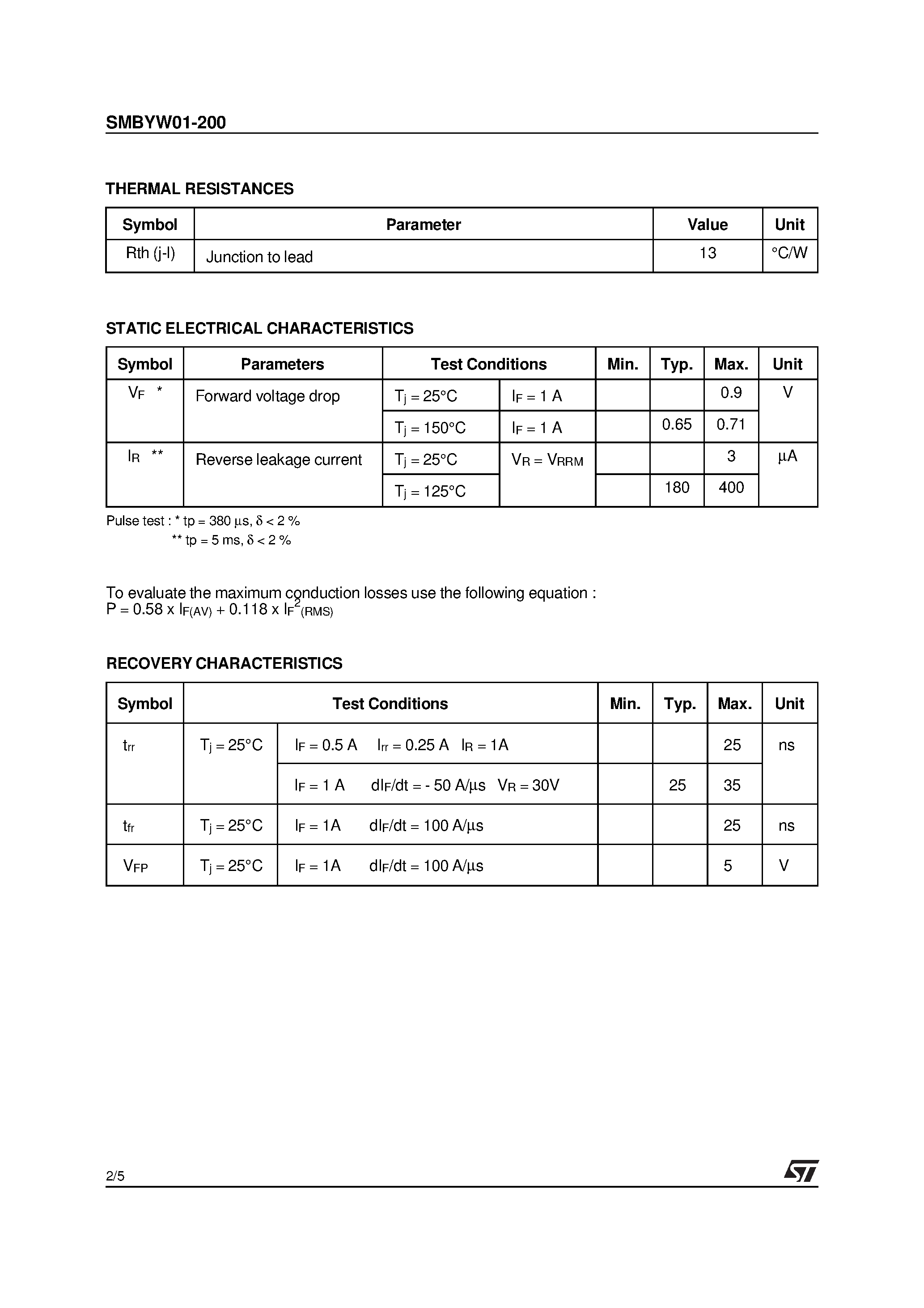 Datasheet SMBYW01-200 page 2 Datasheet SMBYW01-200 - HIGH EFFICIENCY FAST RECOVERY DIODE page 2