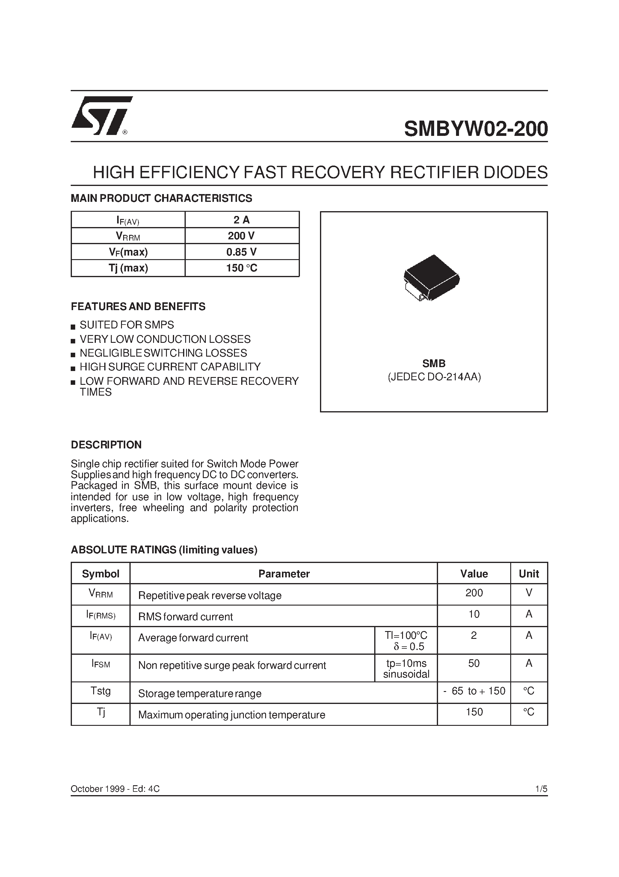 Datasheet SMBYW02 - HIGH EFFICIENCY FAST RECOVERY RECTIFIER DIODES page 1