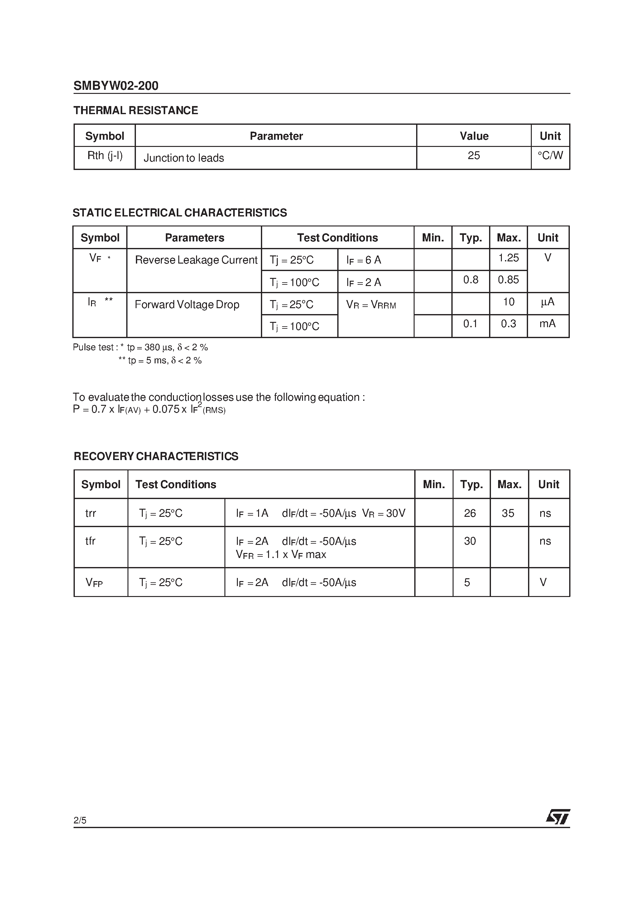 Datasheet SMBYW02 - HIGH EFFICIENCY FAST RECOVERY RECTIFIER DIODES page 2