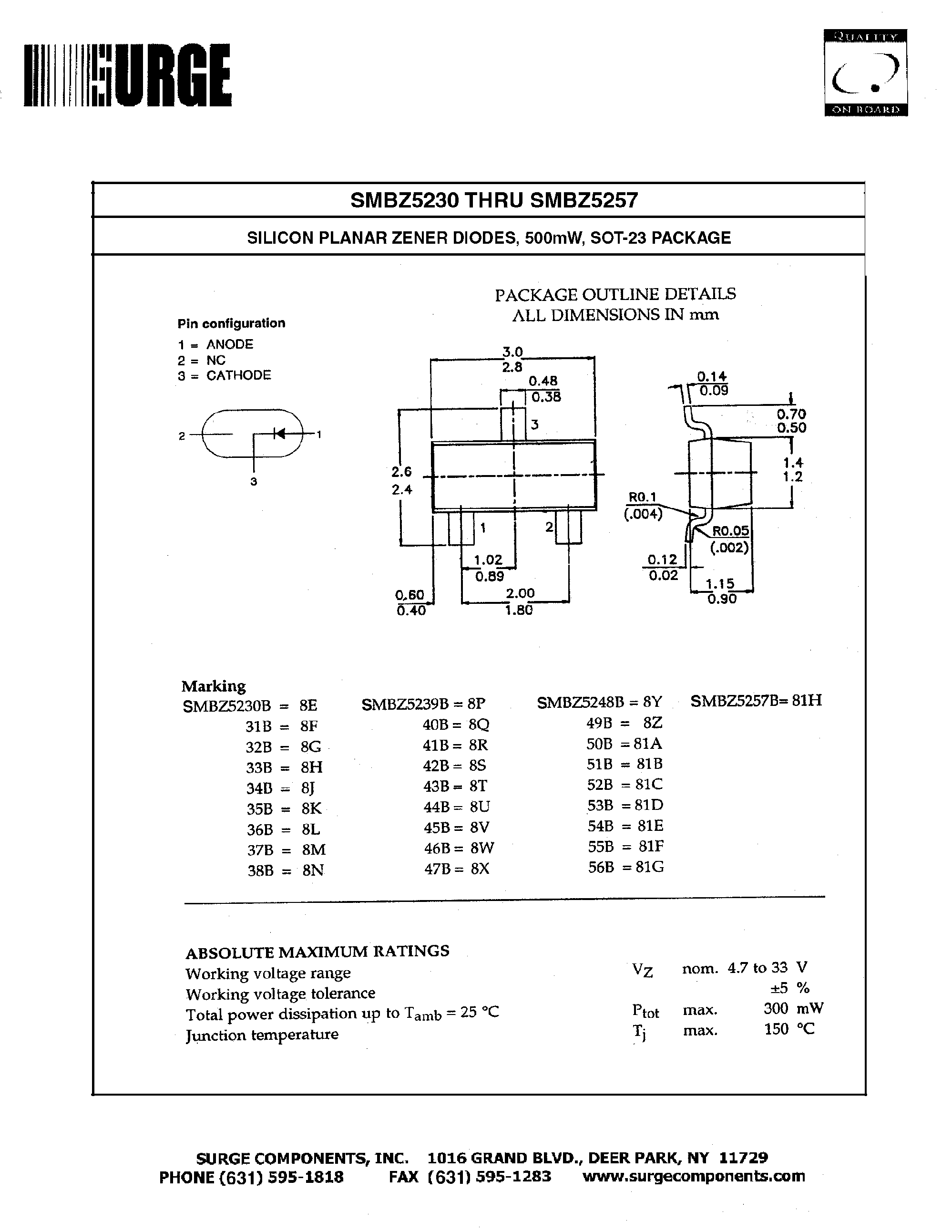 Datasheet SMBZ5230 - SILICON PLANAR ZENER DIODES/ 500mW/ SOT-23 PACKAGE page 1