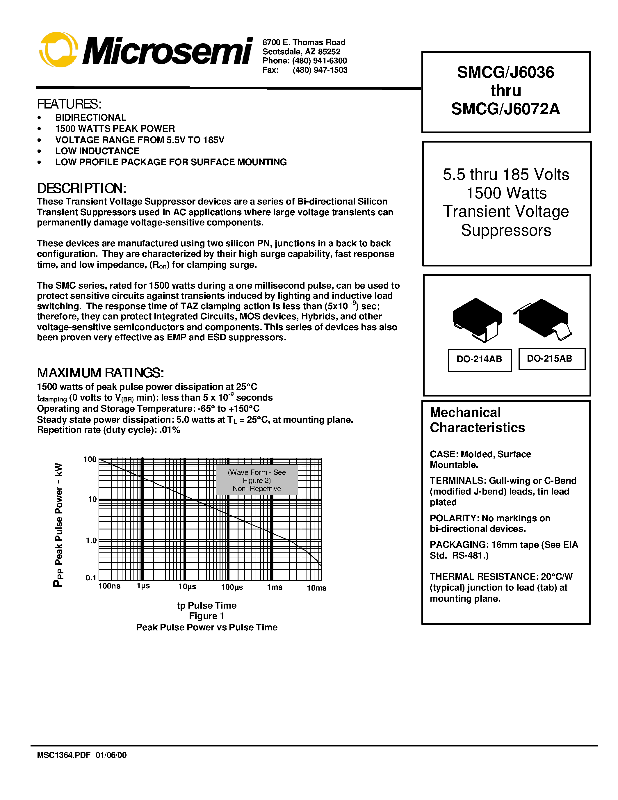 Даташит SMCG6037 - 5.5 thru 185 Volts 1500 Watts Transient Voltage Suppressors страница 1