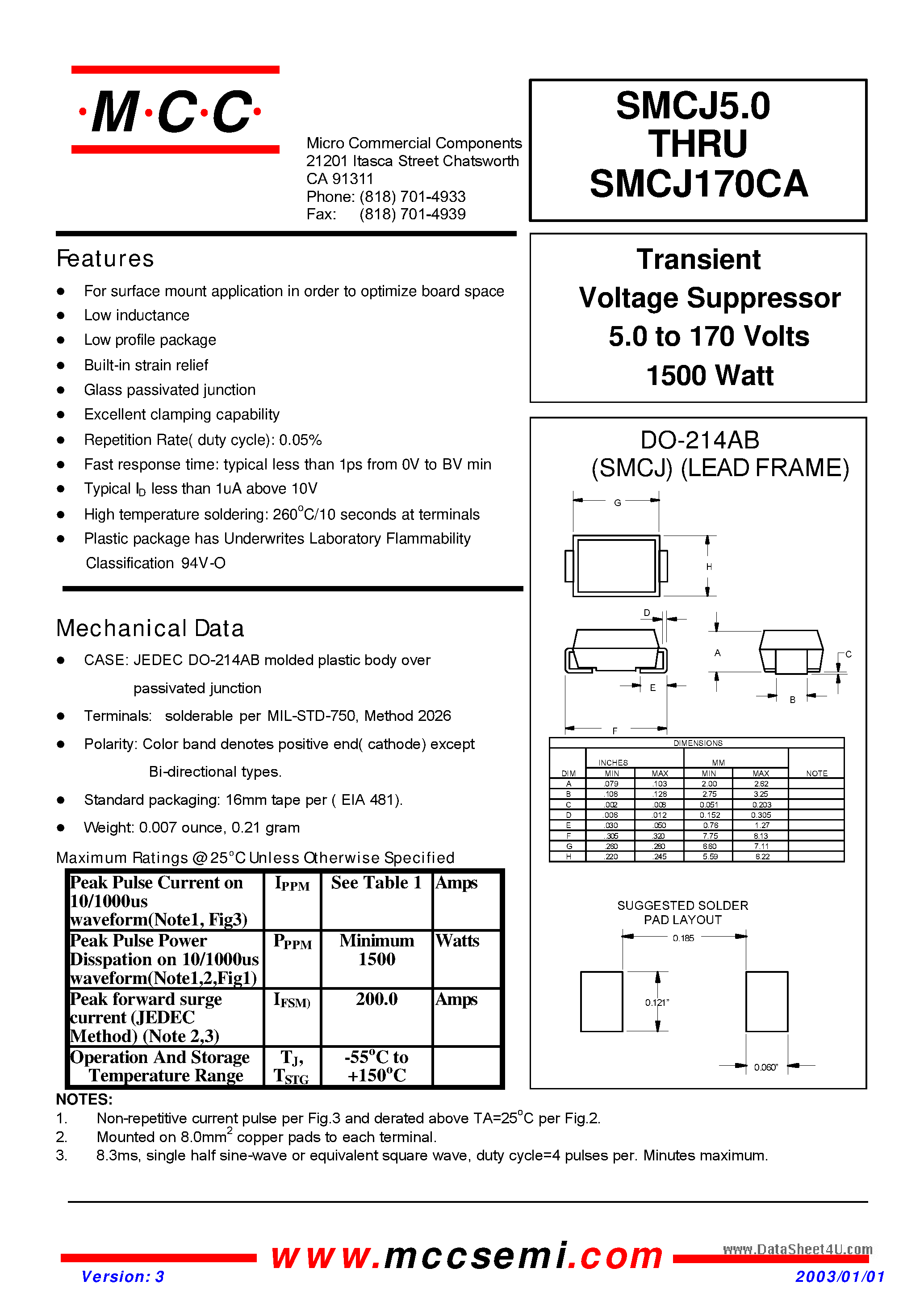 Datasheet SMCJ15CA - Transient Voltage Suppressor 5.0 to 170 Volts 1500 Watt page 1