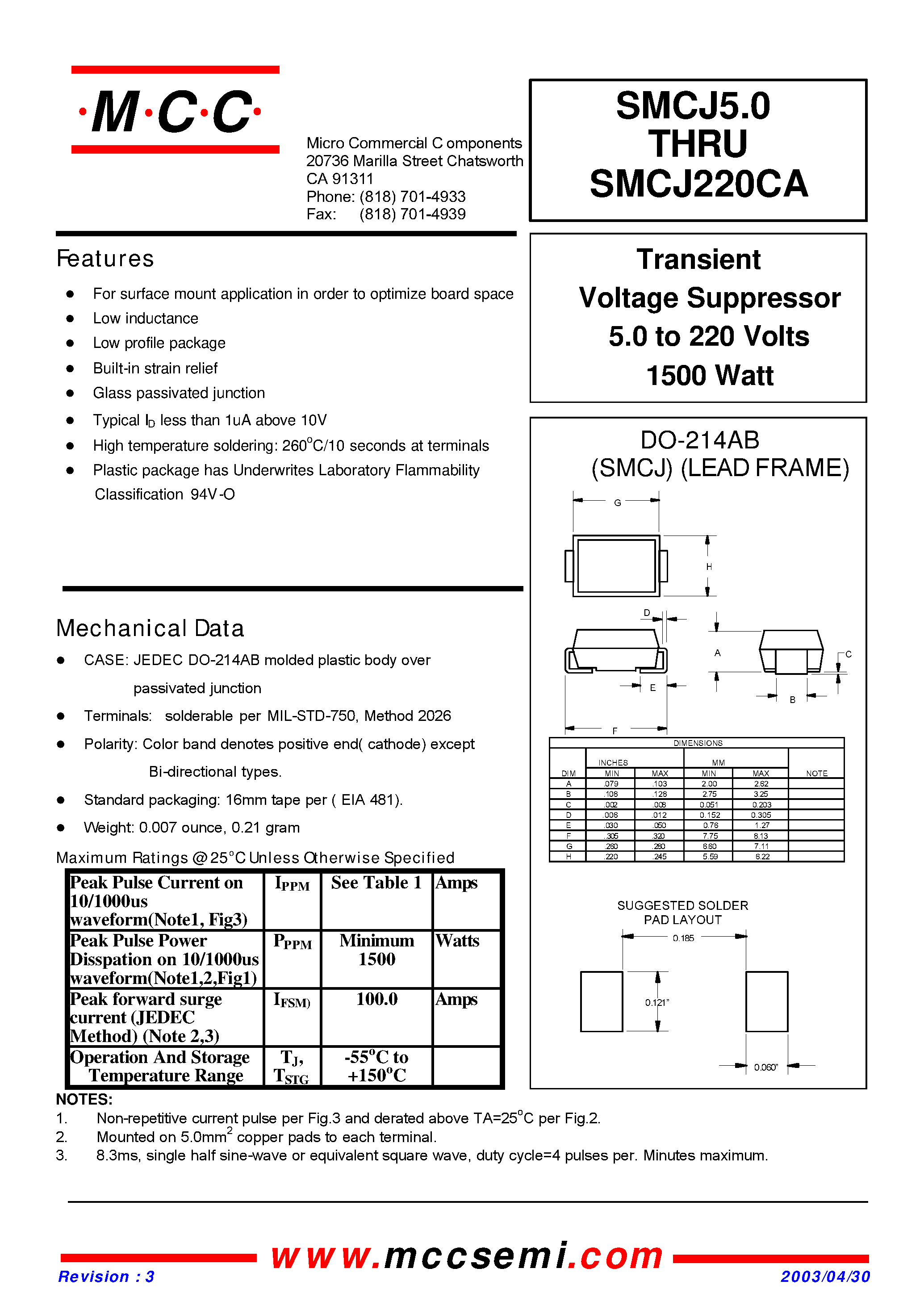 Datasheet SMCJ170CA page 1 Datasheet SMCJ170CA - Transient Voltage Suppressor 5.0 to 170 Volts 1500 Watt page 1