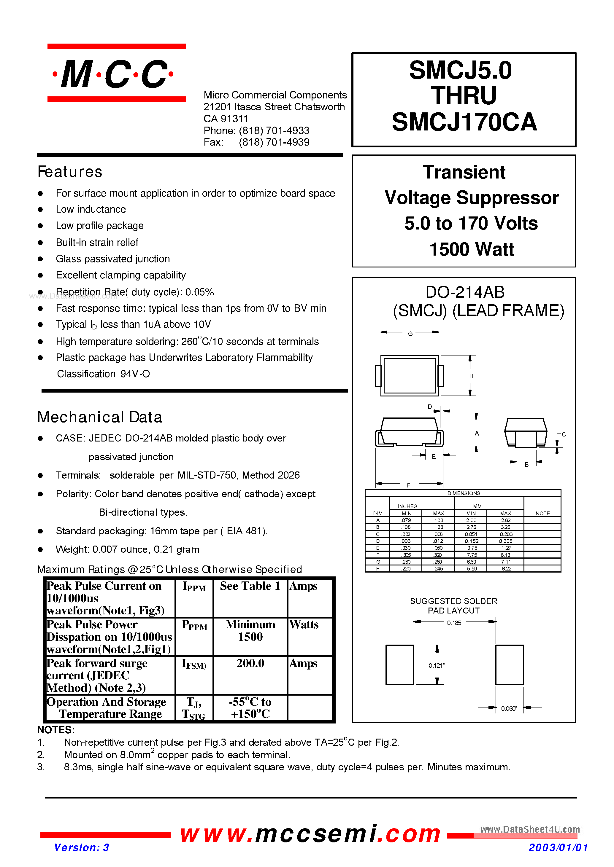 Datasheet SMCJ20A page 1 Datasheet SMCJ20A - Transient Voltage Suppressor 5.0 to 170 Volts 1500 Watt page 1