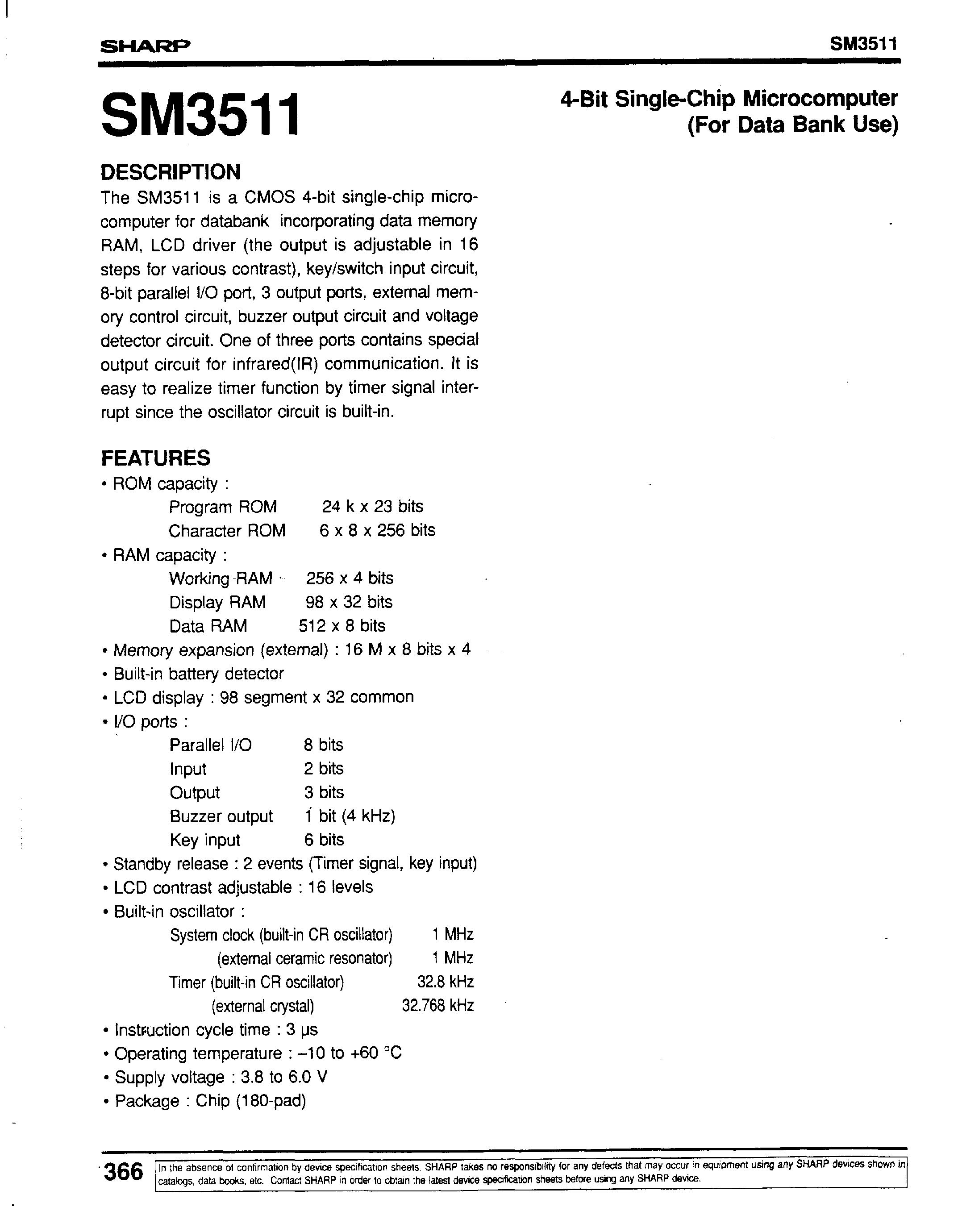 Datasheet SM3511 - 4-Bit Single-Chip Microcomputer(For Data Bank Use) page 1